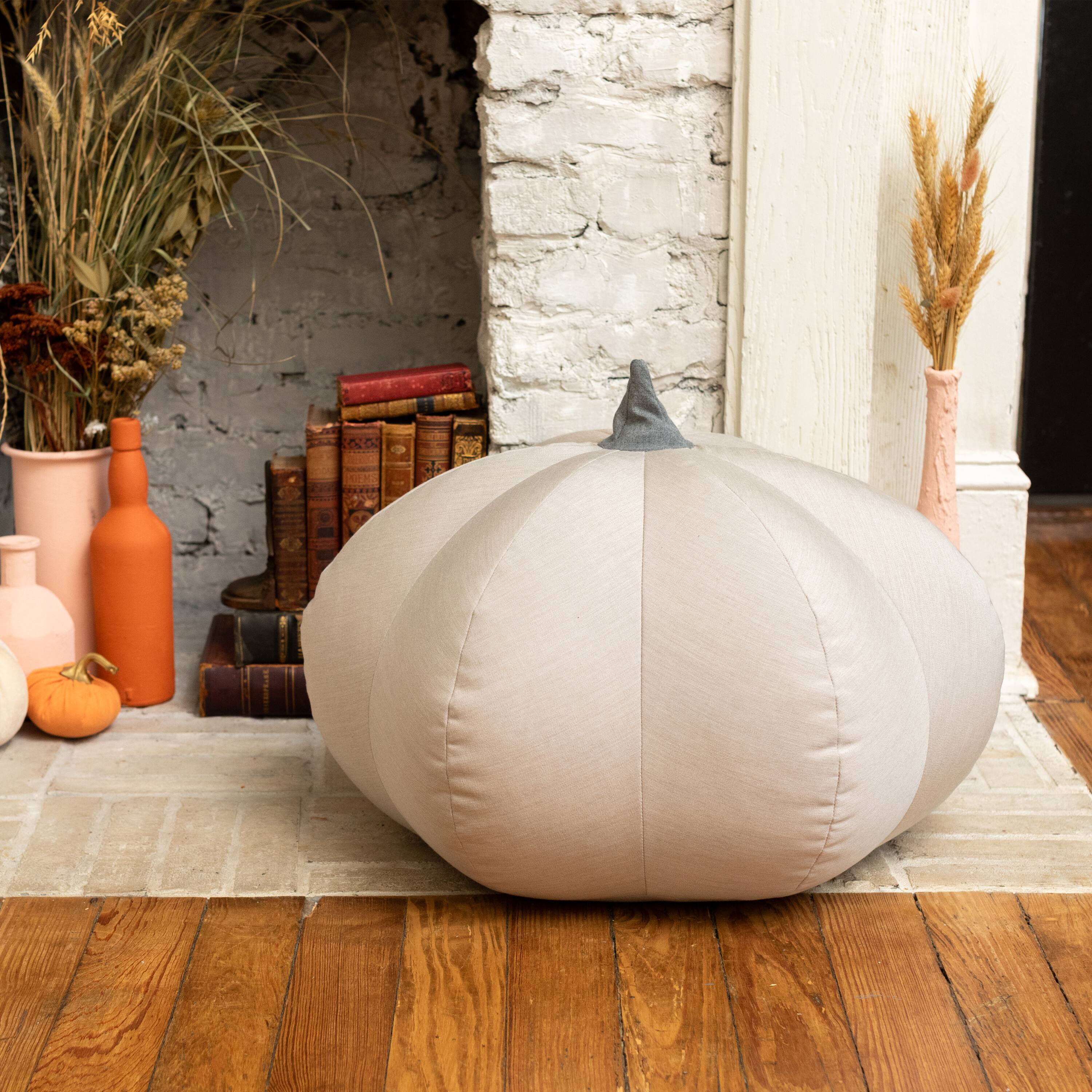 Back. Jaxx - Jaxx Pumpkin Pouf - Luxurious Ottoman for Fall & Halloween Décor - Indoor/Outdoor Sunbrella Flax - Boucle Terra Cotta.