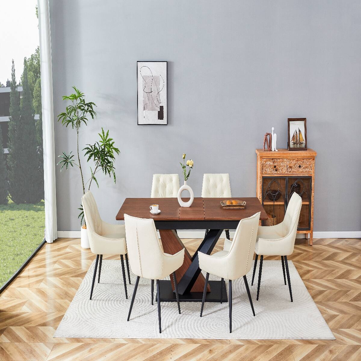Alt View 4. Loheer - Loheer Extendable Dining Table Dark Walnut Rectangular Dining Table with Metal Cross Base - Dark Walnut.