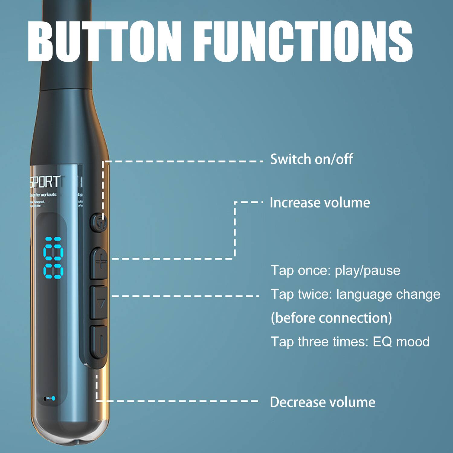 BUTTON FUNCTIONS

- Switch on/off
- Increase volume
- Tap once: play/pause
- Tap twice: language change (before connection)
- Tap three times: EQ mood
- Decrease volume