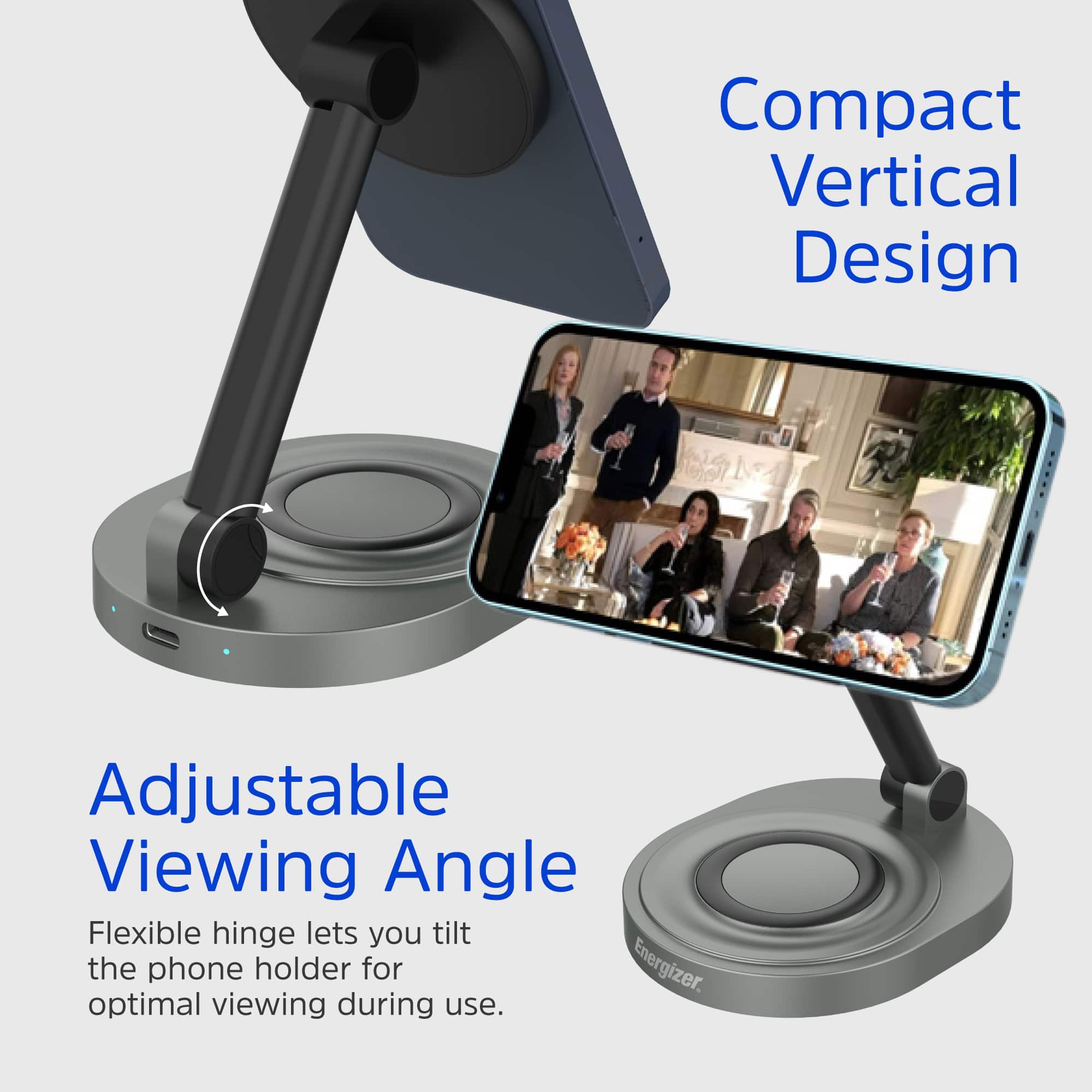 The image features a compact vertical design with an adjustable viewing angle. The flexible hinge allows you to tilt the phone holder for optimal viewing during use. This design is suitable for Energizer and other similar devices.