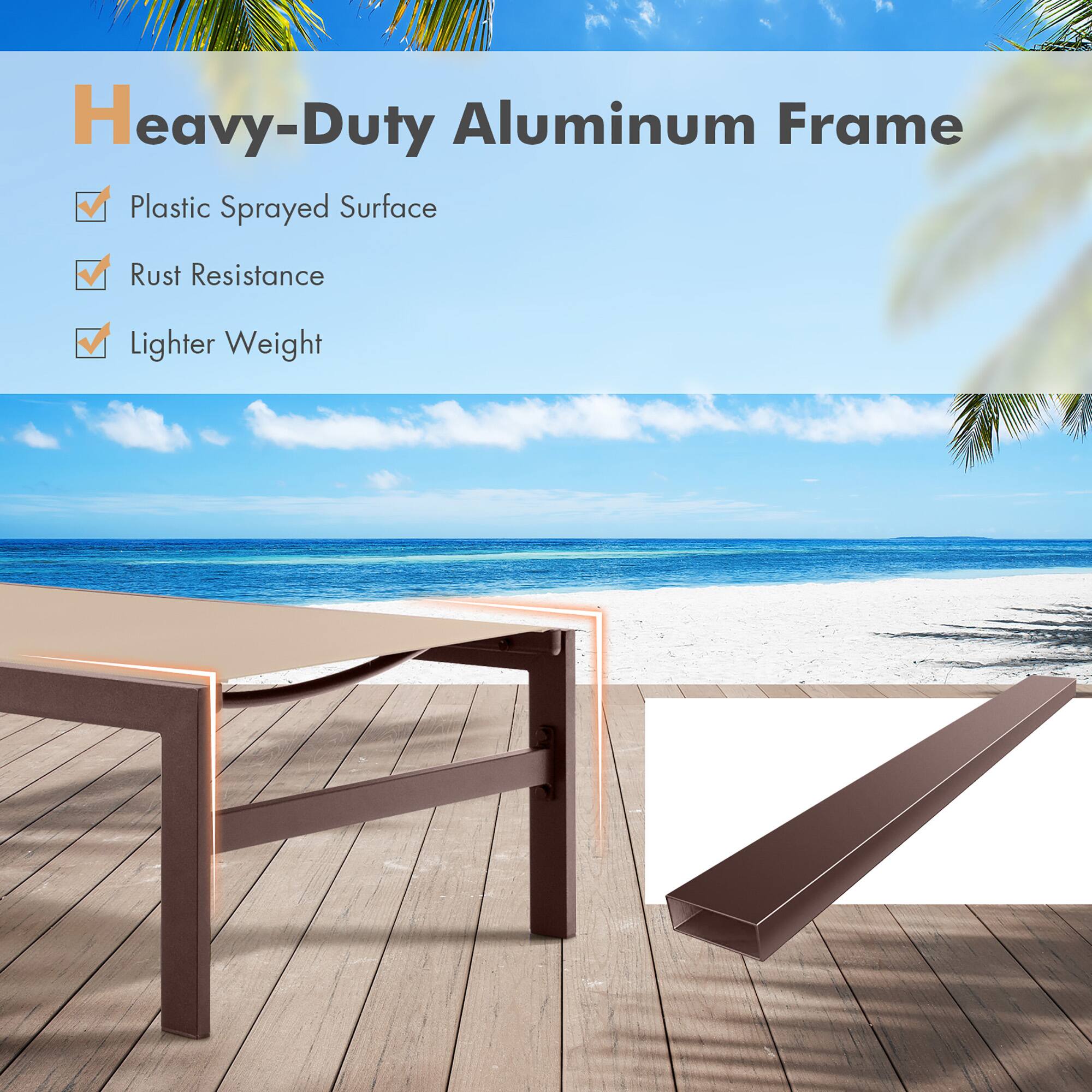 Heavy-Duty Aluminum Frame
Plastic Sprayed Surface
Rust Resistance
Lighter Weight