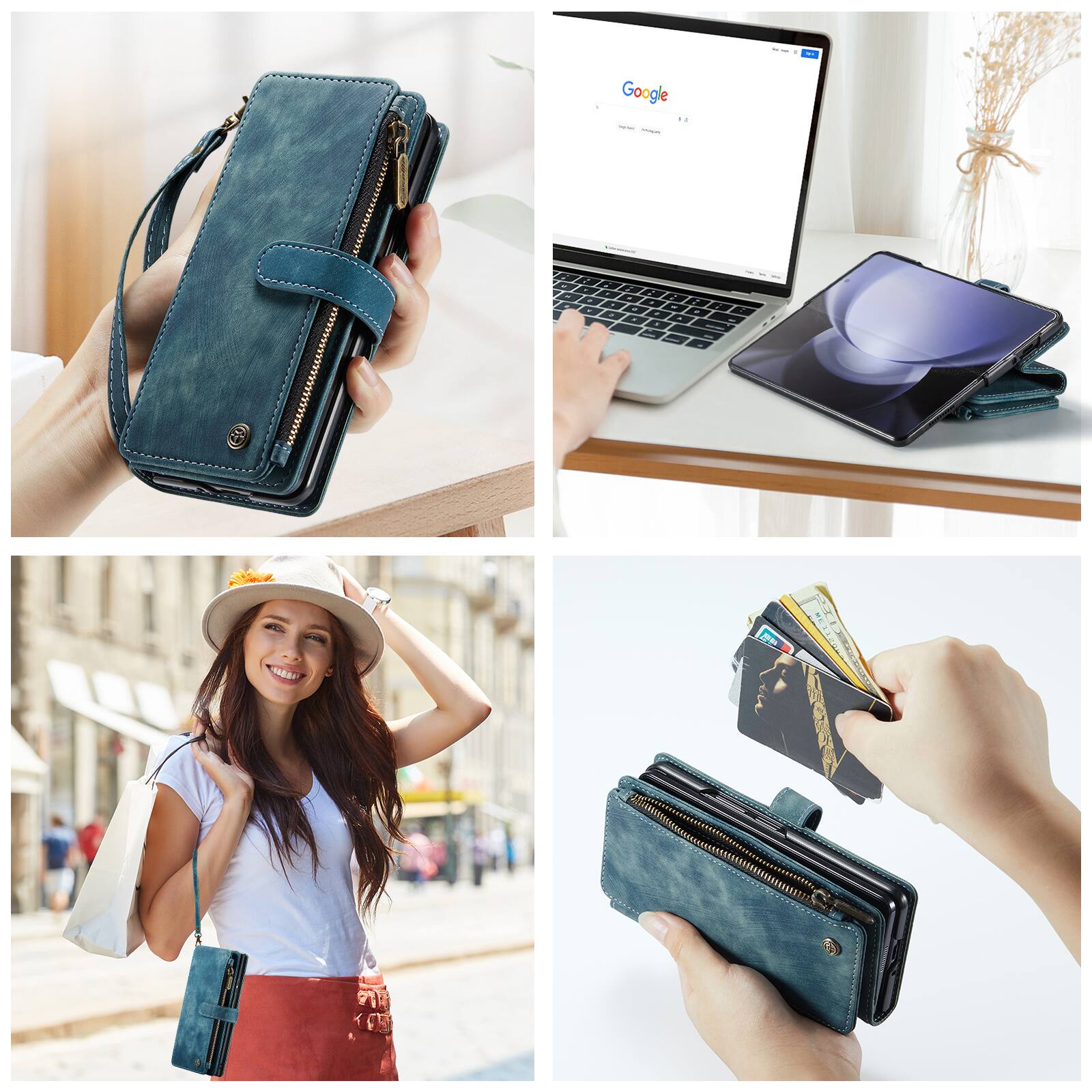 Left. Dteck - For Samsung Galaxy Z Fold6 Premium Leather Shockproof Purse Case with Credit Card Slots Zipper Pocket Cover + Wriststrap - Blue.