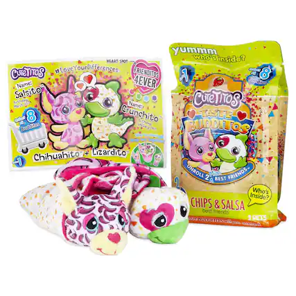 **CuteTitos**
**HEART SPOT #LoveYourDifferences**
**FRIENDS 4EVER**
**Name:** Salsito
**Birthday:** March 23rd
**Budditos:** 8
**Name:** Crunchito
**Birthday:** February 24th
**Budditos:** 8
**Chihuahito + Lizardito**
**Wrap em Alone or Wrap em Together!**
**yumm who's inside?**
**CuteTitos TASTE BUDDITOS**
**UNROLL 2 Mini BEST FRIENDS**
**Who's Inside?**
**CHIPS & SALSA best friends**
**2 PETS**
**1 Collect 8 Budditos**