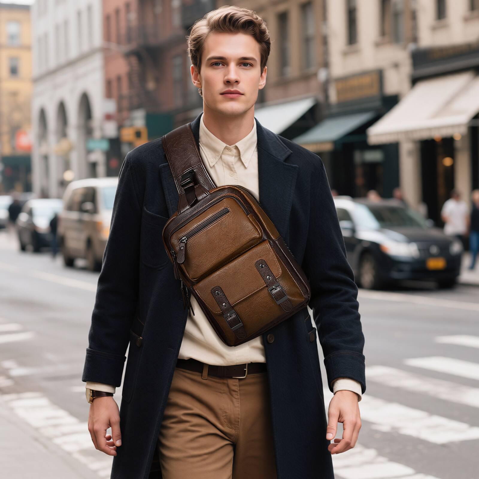 Alt View 7. Unique Bargains - Vintage PU Leather Sling Backpack, Crossbody Shoulder Bag with Adjustable Strap, Multi-Pocket Compact Travel Chest Bag - Light Brown.