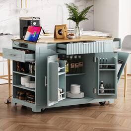 GOODSILO - Kitchen Island with Trash Can Storage, Power Outlet, Rolling Wheels, 3 Drawers & Open Shelves - Grey+Blue
