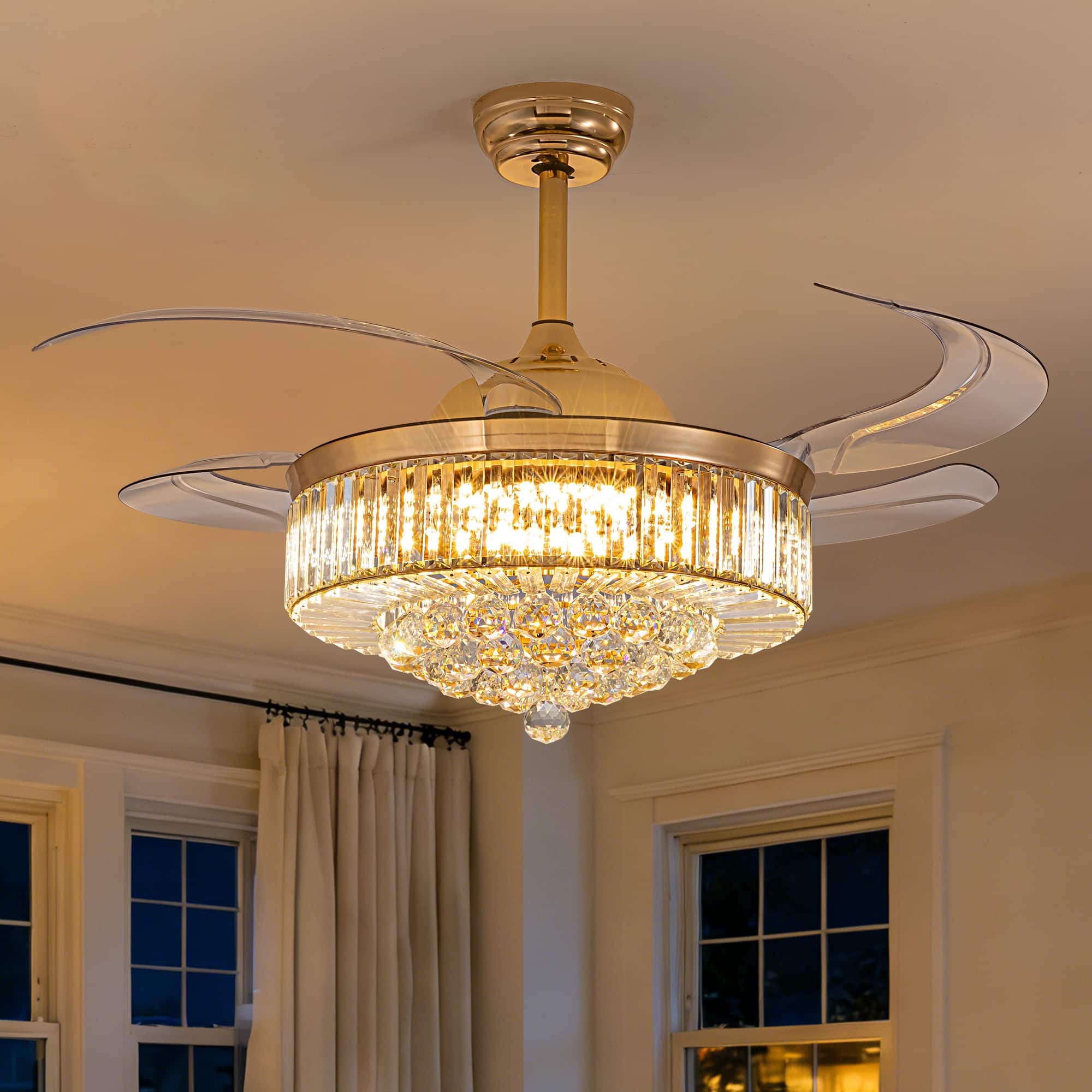 Siljoy - 48 Inch Modern Crystal Retractable LED Ceiling Fan, Invisible Blade Chandelier Fan for Indoor Use - Gold
