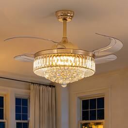 Siljoy - 48-Inch Modern Crystal Retractable Ceiling Fan with LED Light for Living Room Bedroom Kitchen - Gold