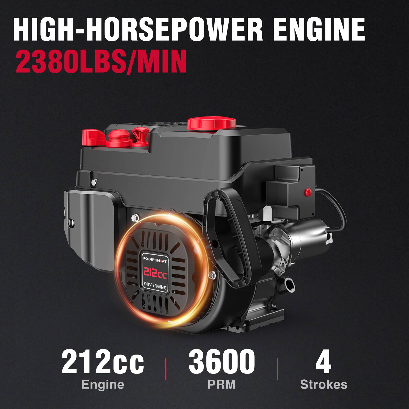 HIGH-HORSEPOWER ENGINE  
2380LBS/MIN  

POWERSM RT  
212cc VHO ENGINE EGOAN  
212cc 3600 Engine PRM  
4 Strokes
