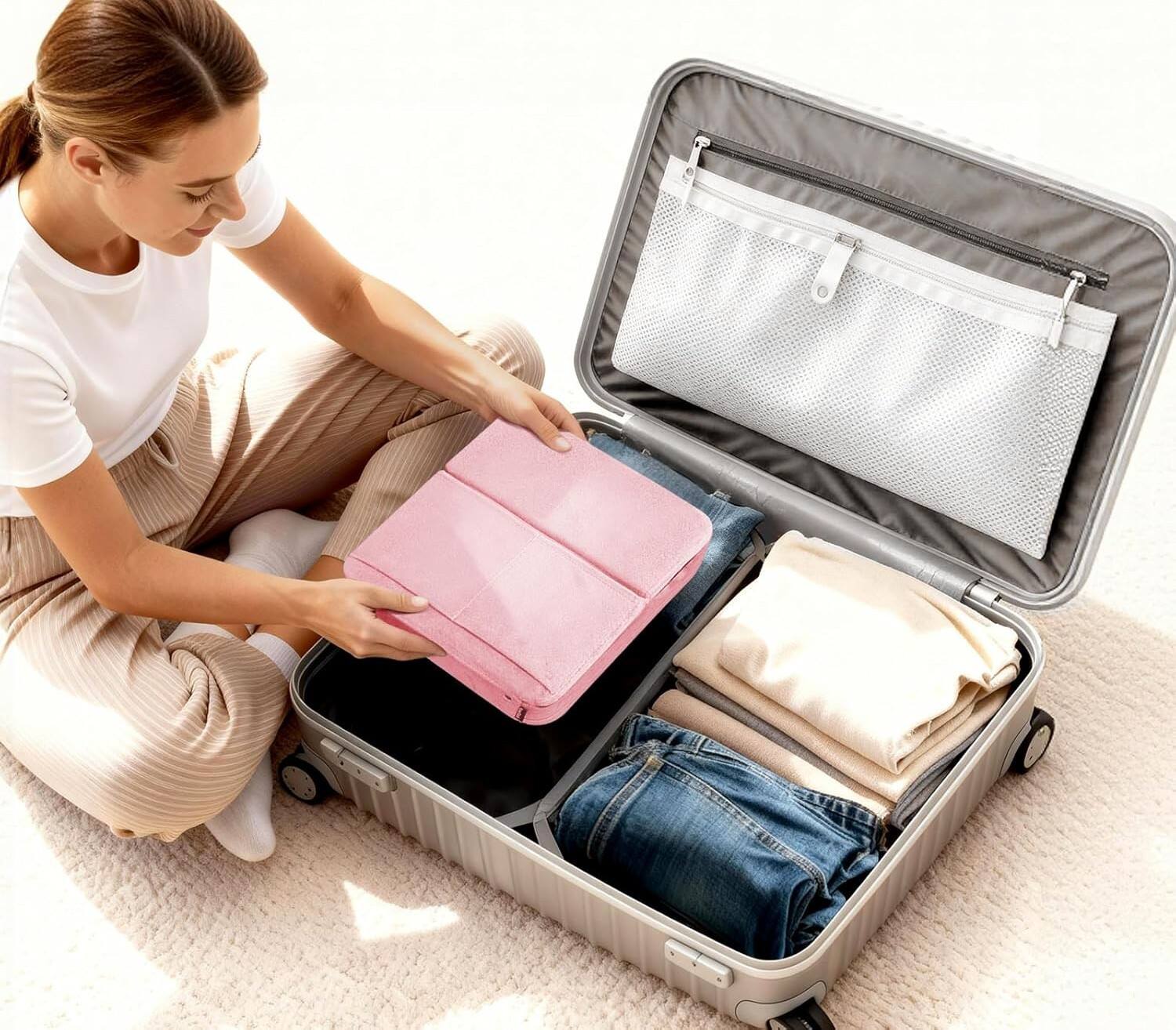 Alt View 4. FINEAK - Foldable Tablet Pillow Stand with Storage for All Devices - Pink.