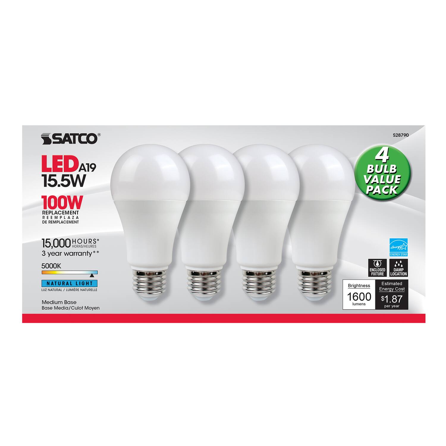SATCO LED A19 15.5W 100W REPLACEMENT  
REEMPLAZA 1  
BULB VALUE PACK  
15,000 HOURS  
3 year warranty*  
5000K  
NATURAL LIGHT  
Medium Base  
Estimated Brightness: 1600 lumens  
Energy Cost: $1.87 per year