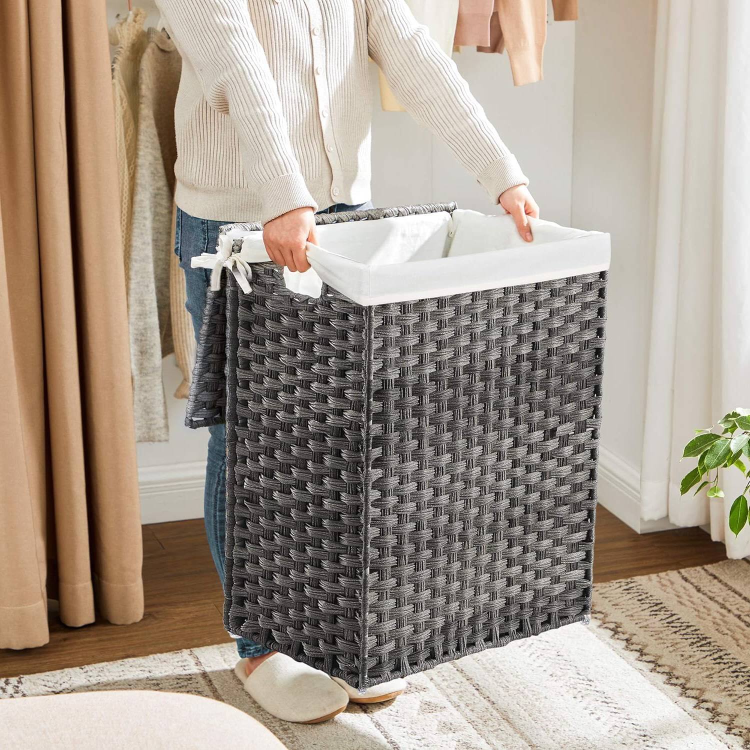 Angle. Hivvago - Grey Rattan Plastic Laundry Hamper Basket w/ Lid and Removable Cotton Liner Bag - Gray.