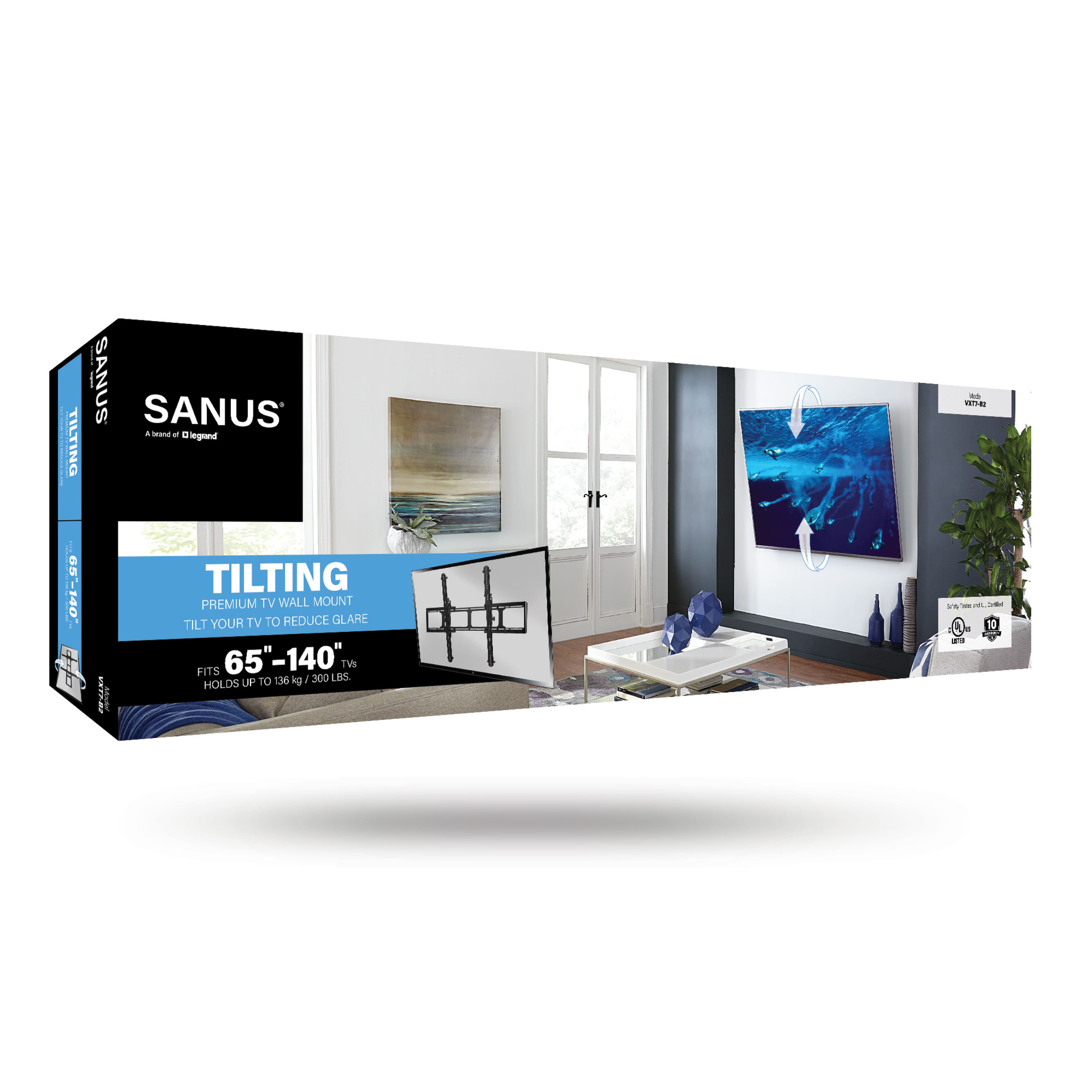 TILTING | SANUS TILTING PREMIUM TV WALL MOUNT TILT YOUR TV TO REDUCE GLARE and FITS 65-140" TVs up to 136 lbs. Holds up to 300 lbs.