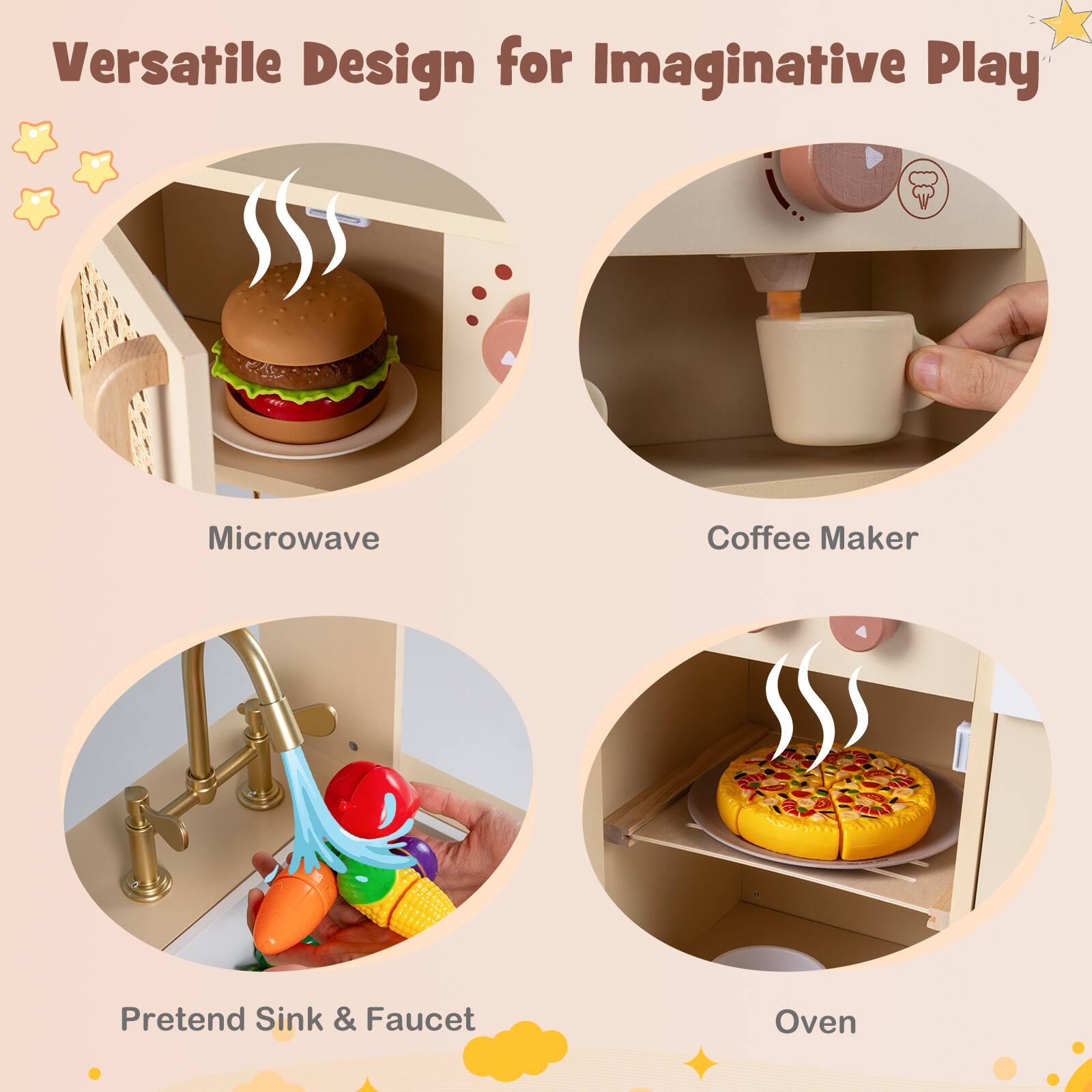 Versatile Design for Imaginative Play

- Microwave
- Coffee Maker
- Pretend Sink & Faucet
- Oven