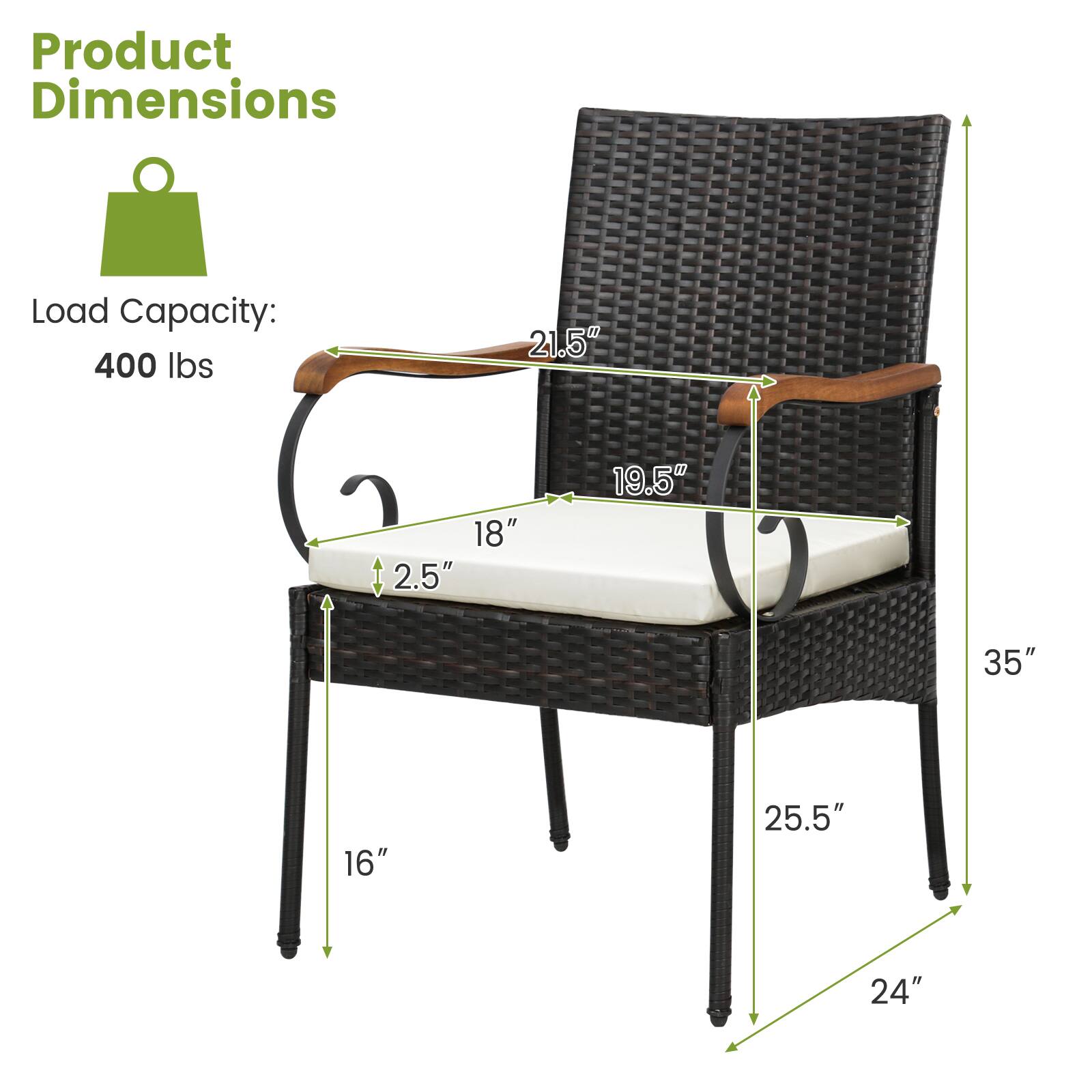 Product Dimensions

Load Capacity: 400 lbs

- Width: 21.5"
- Depth: 18"
- Seat Height: 2.5"
- Back Height: 19.5"
- Overall Height: 35"
- Armrest Height: 25.5"
- Width Between Legs: 24"
- Leg Height: 16"