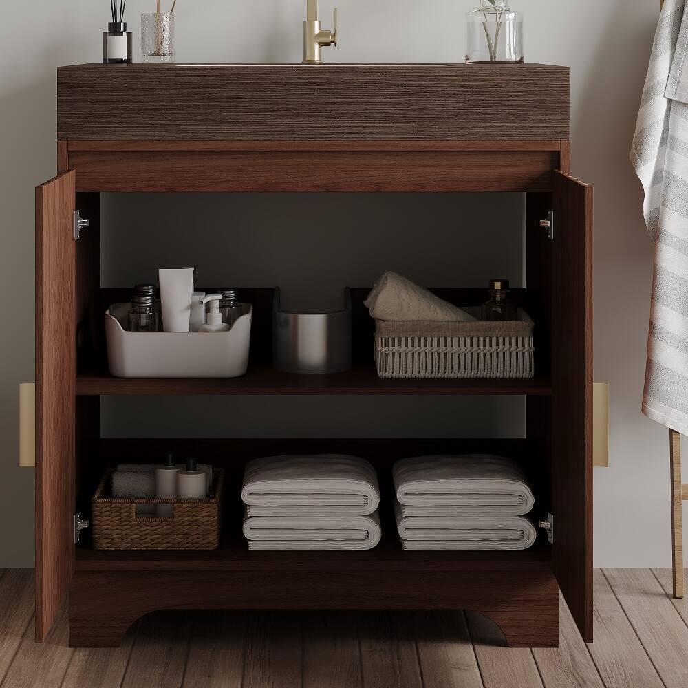 Left. Loheer - Loheer 30 inch freestanding bathroom vanity sintered stone countertop walnut plywood bathroom cabinet - Walnut.