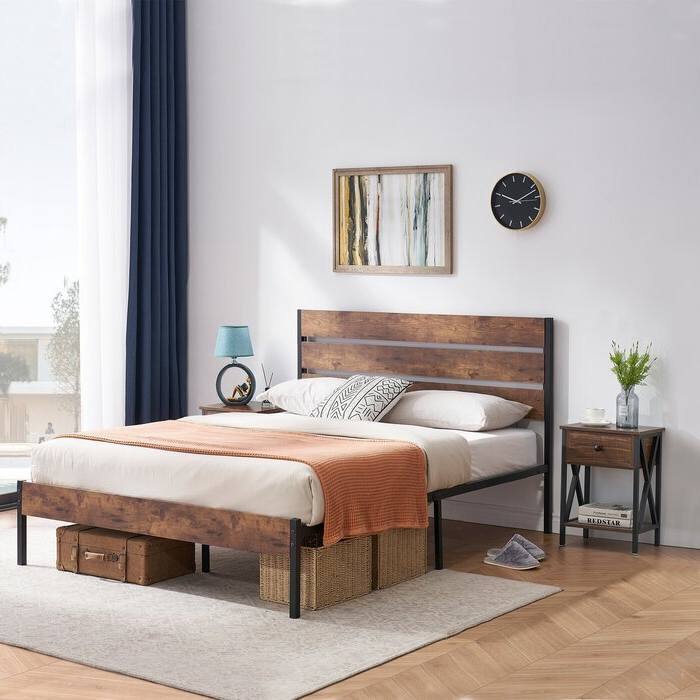 Angle. Hivvago - Hivvago Queen Industrial Platform Bed Frame with Wood Slatted Headboard Footboard - Brown.