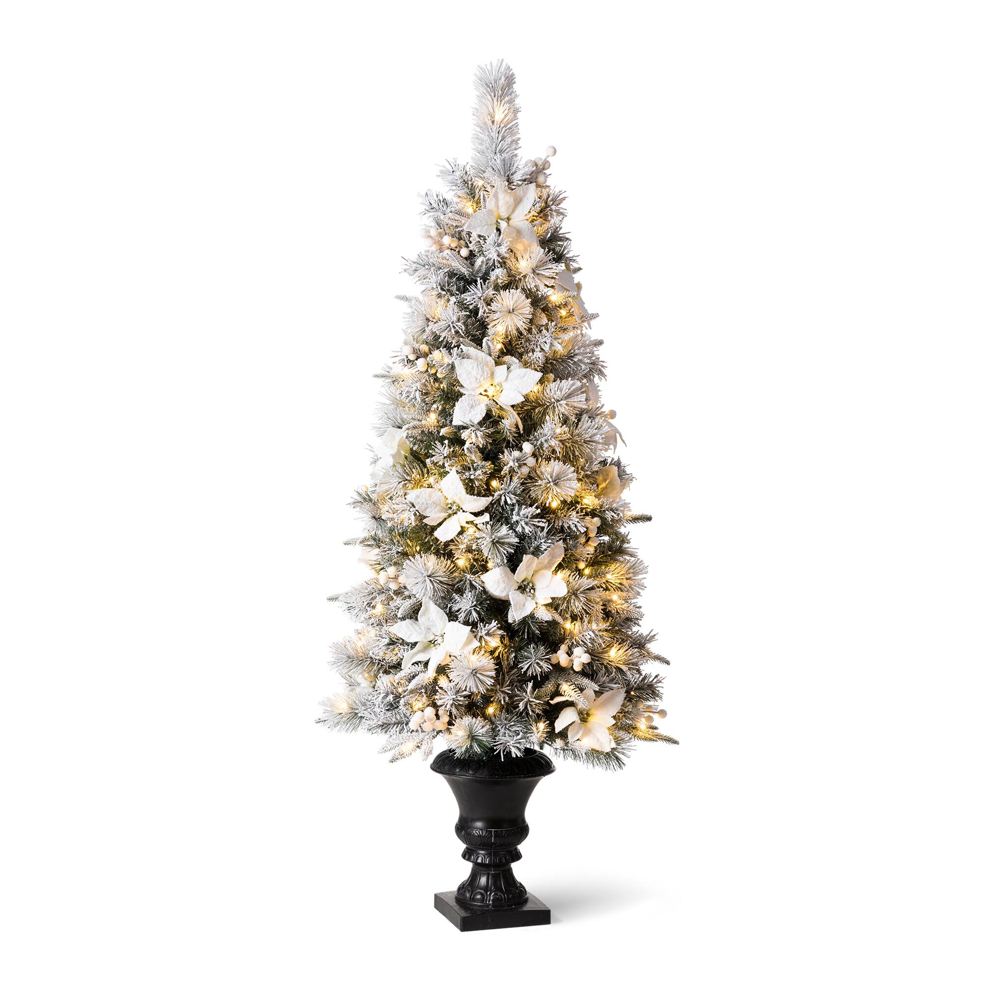 Angle. Glitzhome - 5ft Pre-Lit Flocked Pine Artificial Christmas Porch Tree with 150 Warm White Lights and Poinsettia - White.