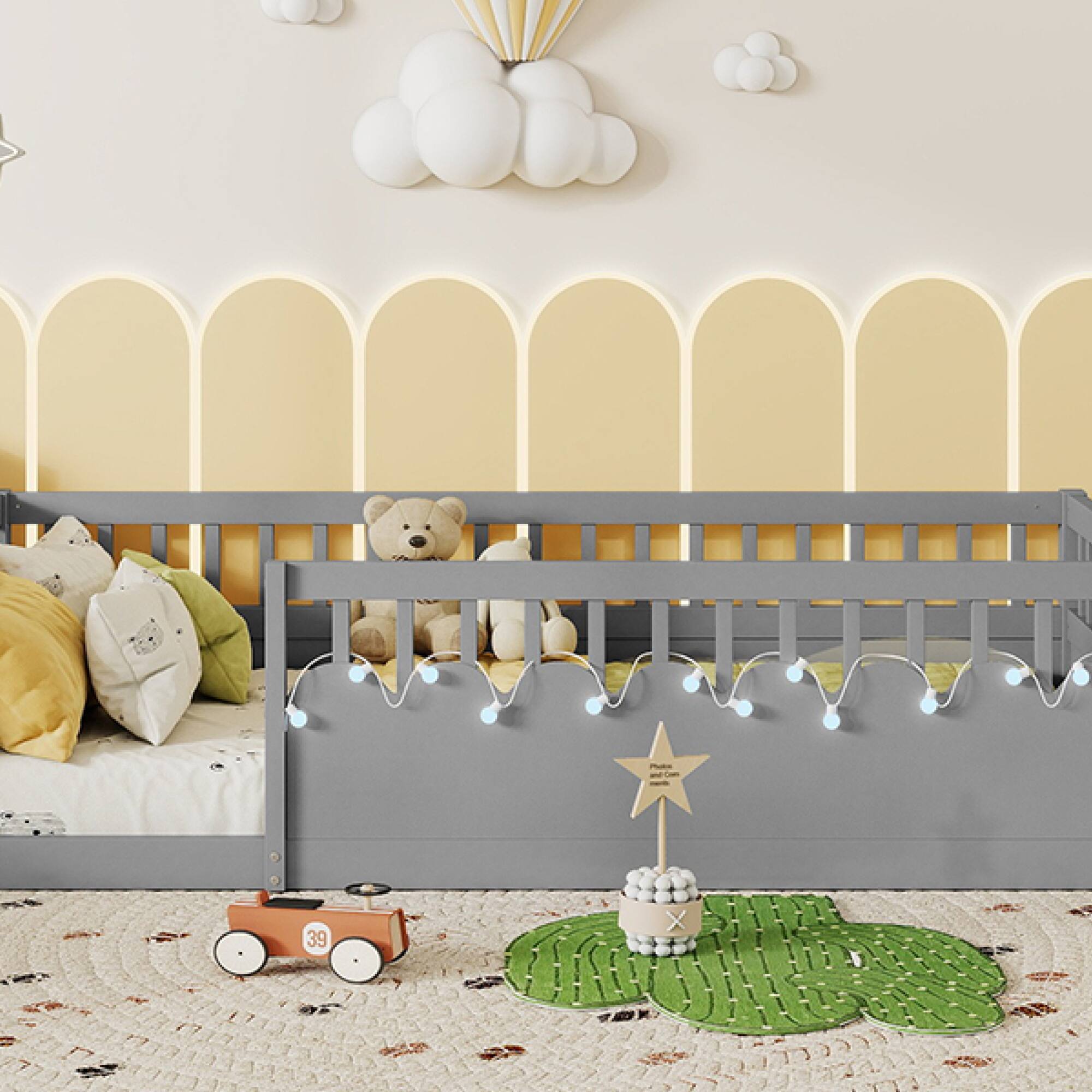 Alt View 10. GOODSILO - Twin Montessori Low Profile Floor Bed Frame with Safety Rails, LED Lighting and Storage Shelf for Children's Bedroom - Grey.