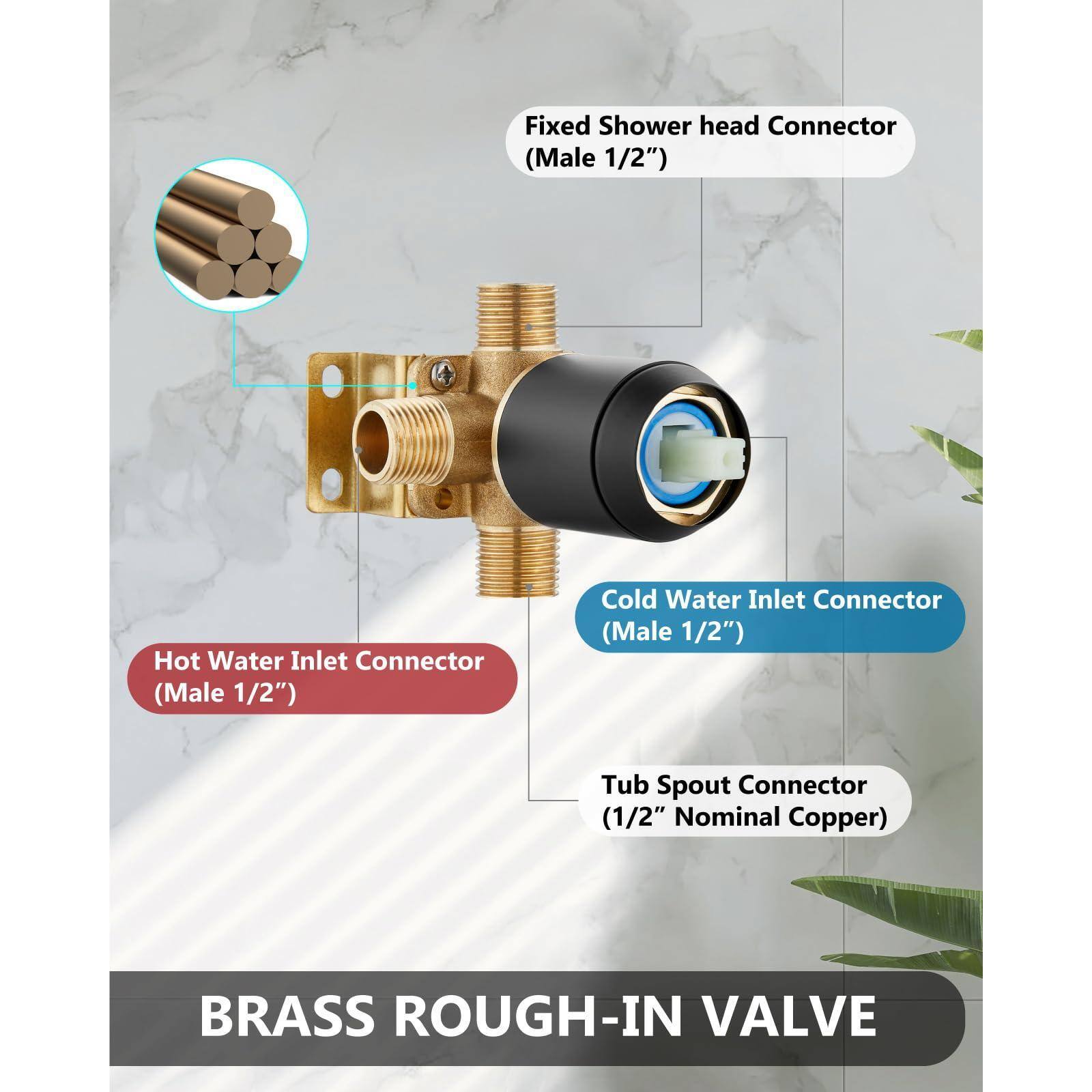 BRASS ROUGH-IN VALVE

- Fixed Shower head Connector (Male 1/2")
- Hot Water Inlet Connector (Male 1/2")
- Cold Water Inlet Connector (Male 1/2")
- Tub Spout Connector (1/2" Nominal Copper)