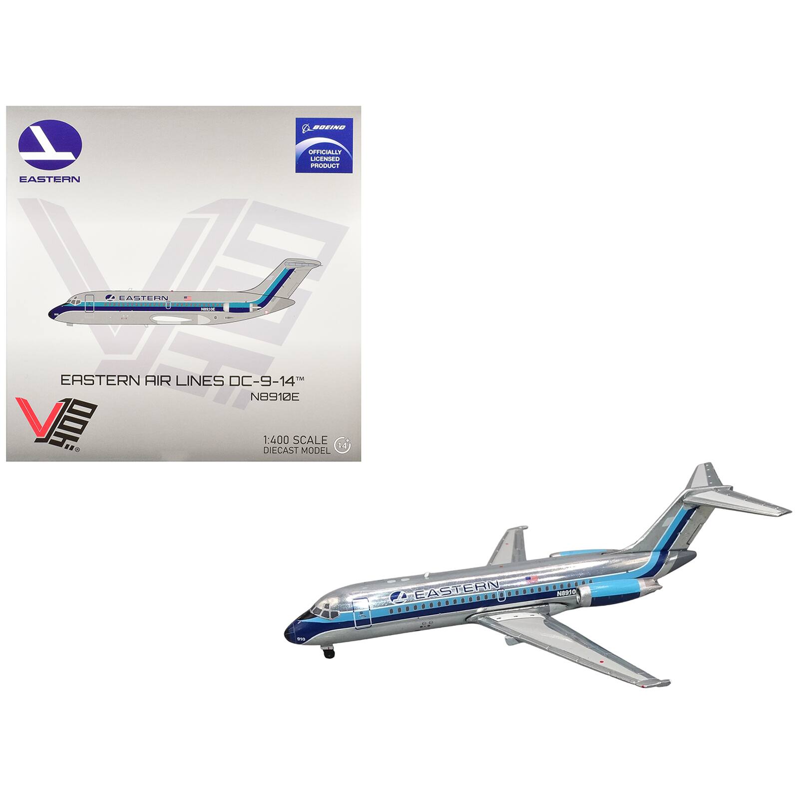 BOEING  
OFFICIALLY LICENSED PRODUCT  
EASTERN  
EASTERN AIR LINES DC-9-14 N8910E VE DIECAST 1:400 SCALE MODEL  
EASTERN  
1:400 SCALE DIECAST MODEL