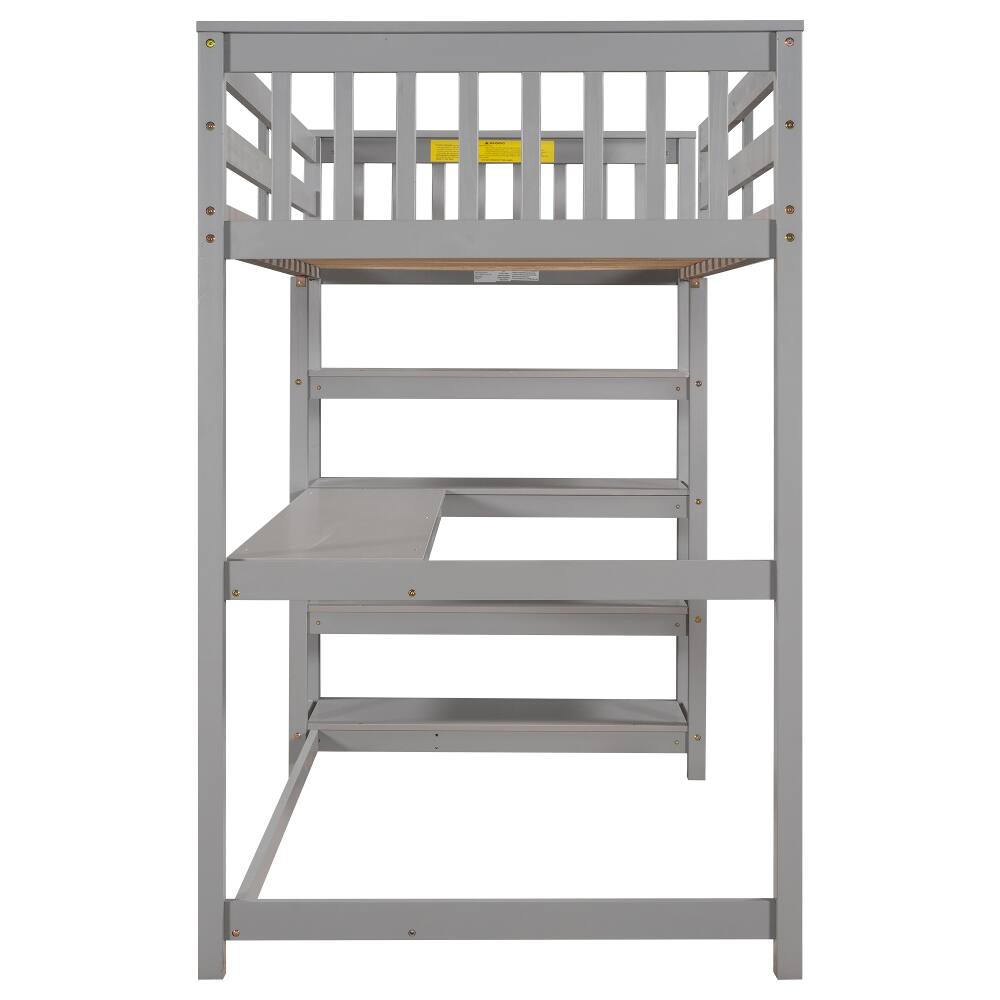 Alt View 4. Loheer - Loheer Twin Loft Bed with Desk and Storage Shelves, Solid Pine Wood Space-Saving Bed Frame, Gray - Gray.