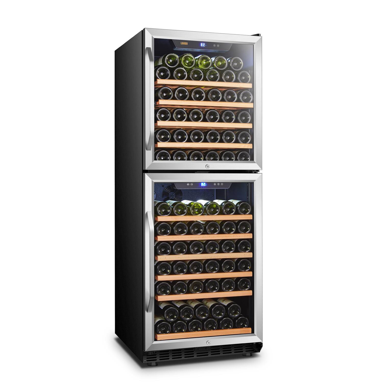 Left. Lanbo - Freestanding/Built-In 24 Inch 130 Bottle Dual Zone Wine Fridge with Smooth Rolling Shelves and 2 Independent Zones - Black.