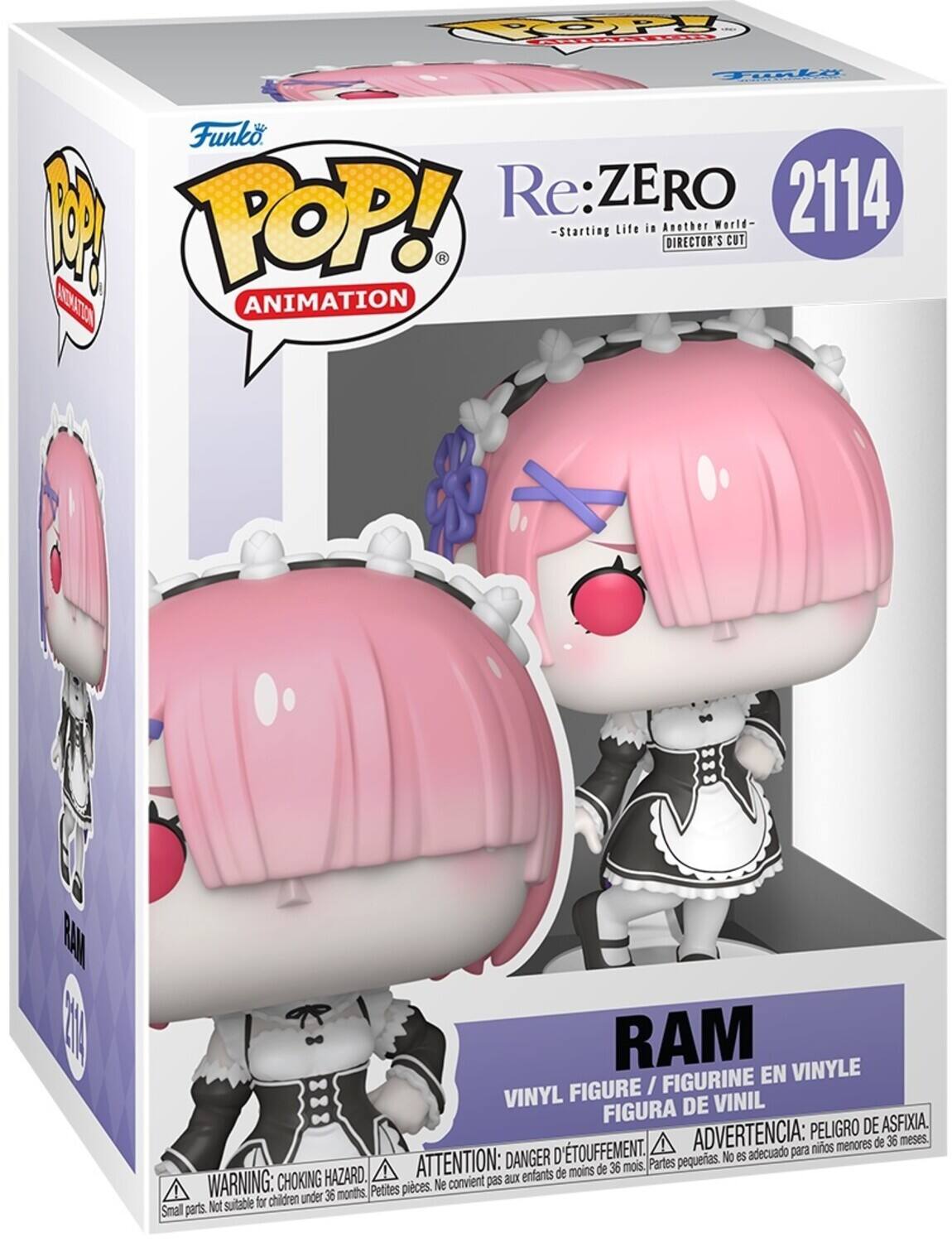 Sure, here is the corrected and grouped text from the image:

---

**Funko POP! ANIMATION**

**Re:ZERO**  
*Starting Life in Another World*  
*DIRECTOR'S CUT*

**2114**

**RAM**  
VINYL FIGURE / FIGURINE EN VINYLE / FIGURA DE VINIL

**WARNING: CHOKING HAZARD**  
Small parts. Not suitable for children under 36 months.

**ATTENTION: DANGER D'ÉTOUFFEMENT**  
Petites pièces. Ne convient pas aux enfants de moins de 36 mois.

**ADVERTENCIA: PELIGRO DE ASFIXIA**  
Partes pequeñas. No es adecuado para niños menores de 36 meses.

---

This text is organized to reflect the information on the packaging of the Funko POP! figure.