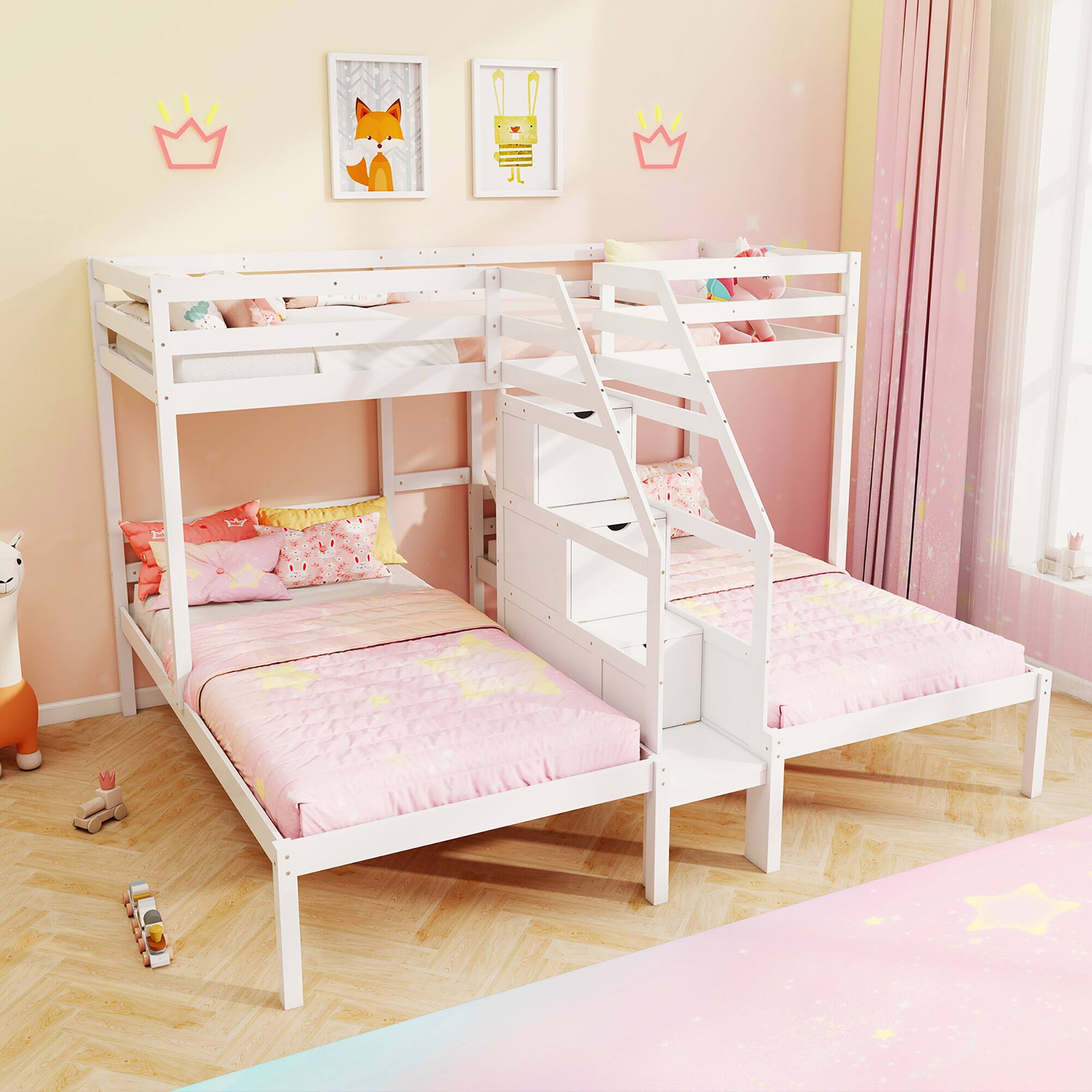 Alt View 3. Gymax - Gymax Wooden Twin Over Twin & Twin Bunk Bed w/ 4-Step Storage Staircase Guardrail White - White.