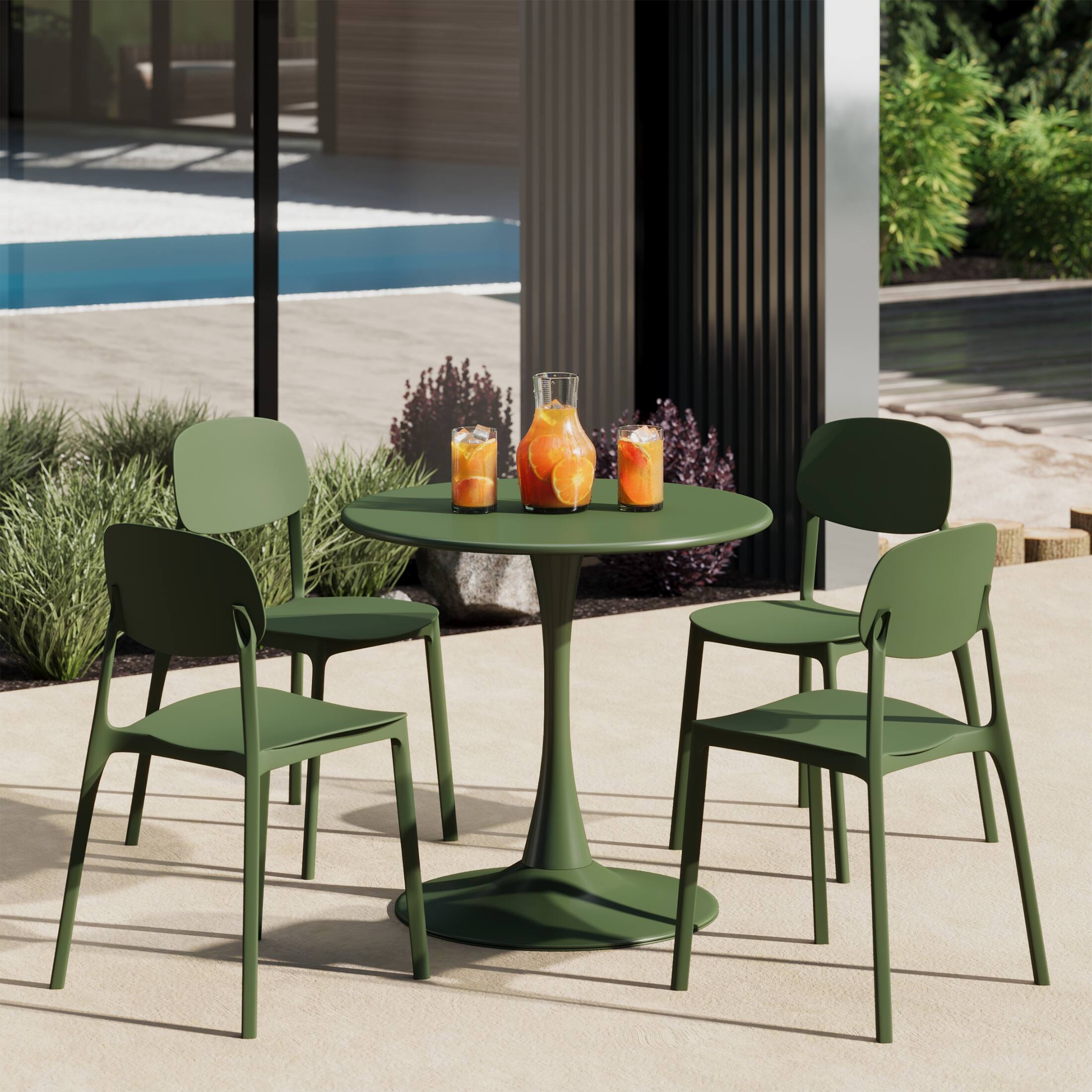 Angle. WestinTrends - WestinTrends Playa 5-Piece Indoor Outdoor Metal Round Patio Dining Table Set With Stackable Resin Patio Side Chairs - Olive Green.