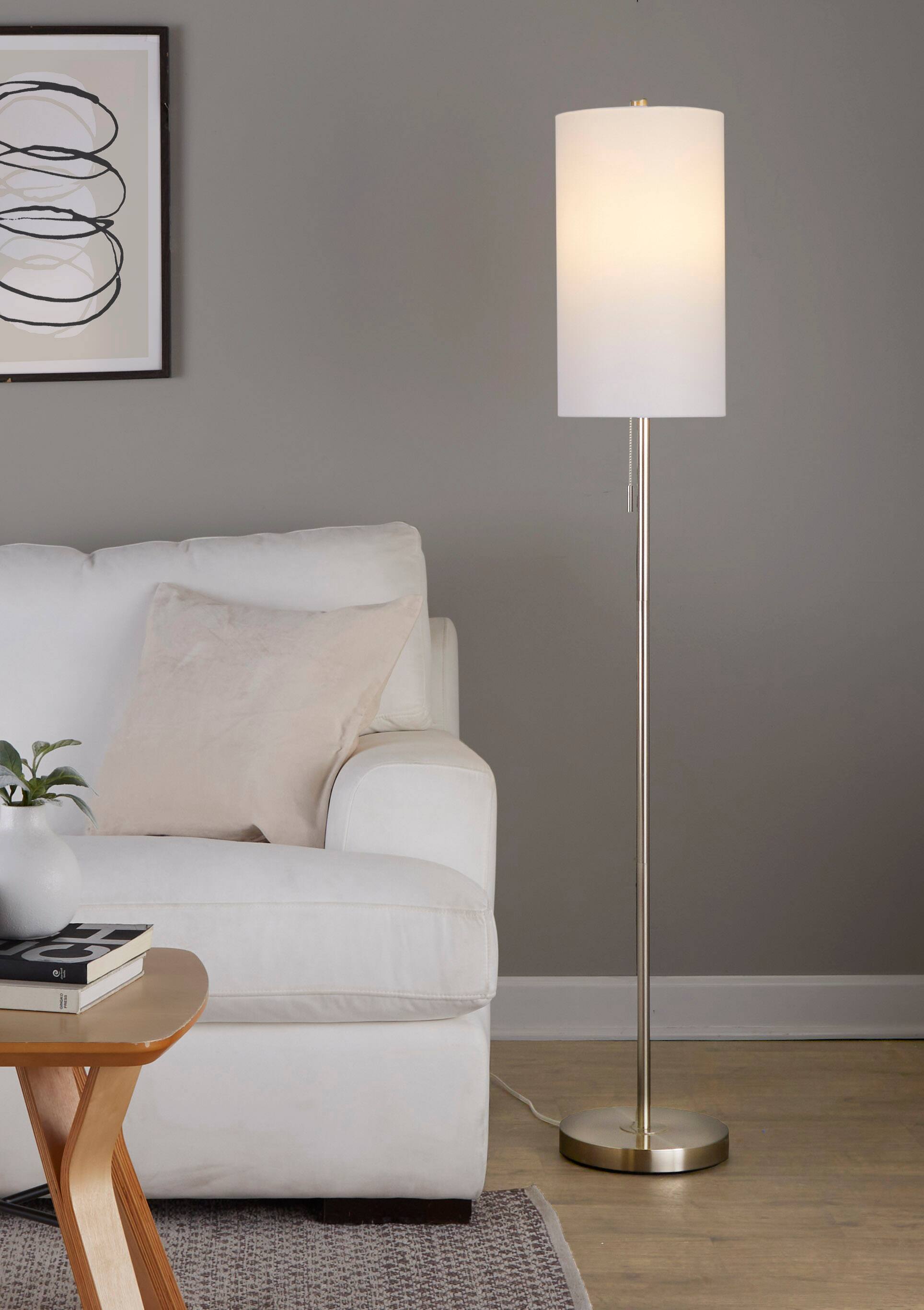 Alt View 1. Loheer - Loheer 62 Inch Metal Floor Lamp Contemporary Brushed Nickel Standing Light with White Textured Linen Shade - Brushed Nickel.