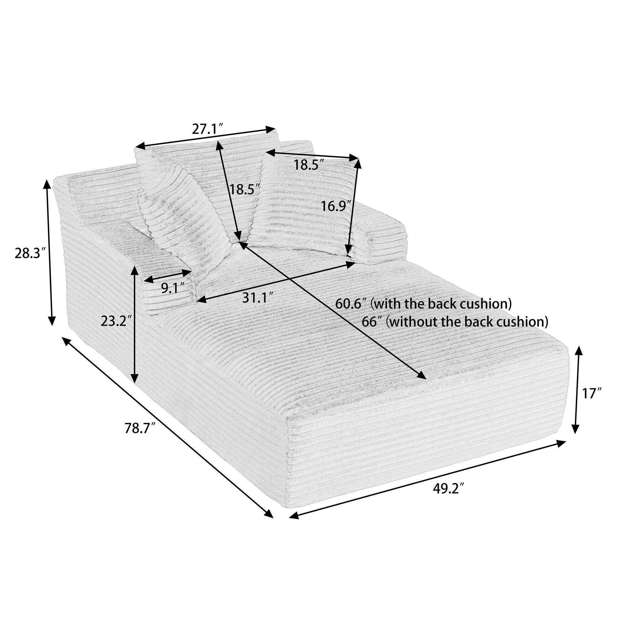 27.1"  
18.5"  
18.5"  
16.9"  
28.3"  
23.2"  
9.1"  
31.1"  
60.6" (with the back cushion)  
66" (without the back cushion)  
17"  
78.7"  
49.2"