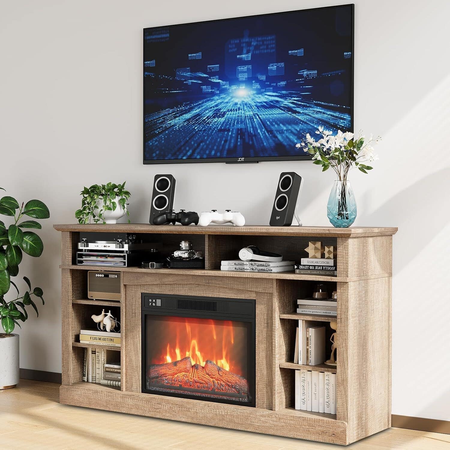 Acekool - Fireplace TV Stand for Up to 58 Inches TVs, Entertainment Center with 23" Electric Fireplace - Oak