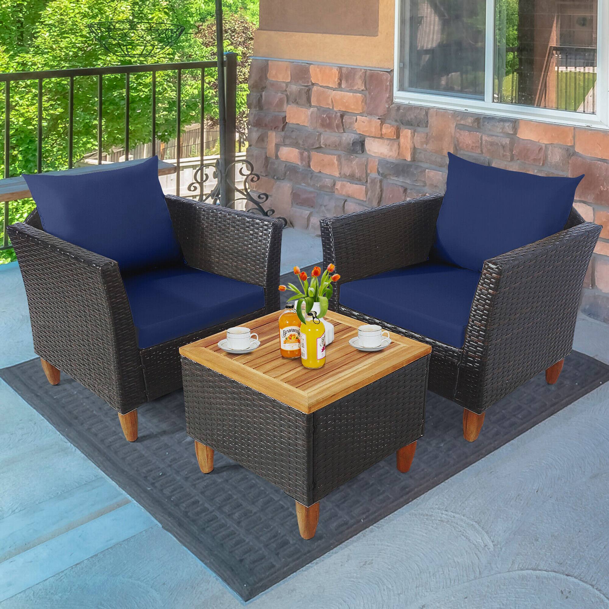 Alt View 8. Gymax - Gymax 3PCS Patio Furniture Set Conversation Bistro Set w/ Acacia Wood & Cushions Navy - Navy.