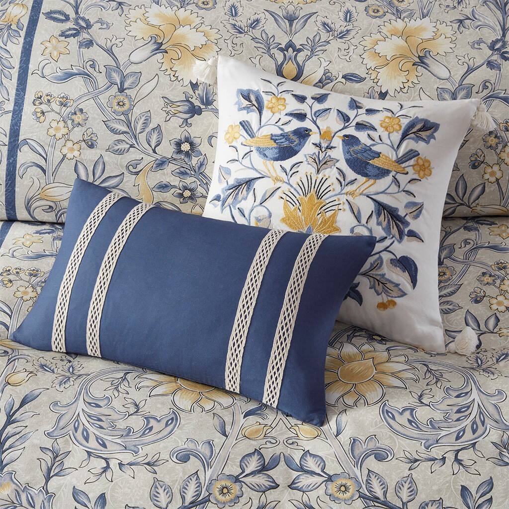 Alt View 2. Gracie Mills - Gracie Mills Marlon 5-Piece Cotton Botanical Duvet Cover Set - Blue/Yellow.