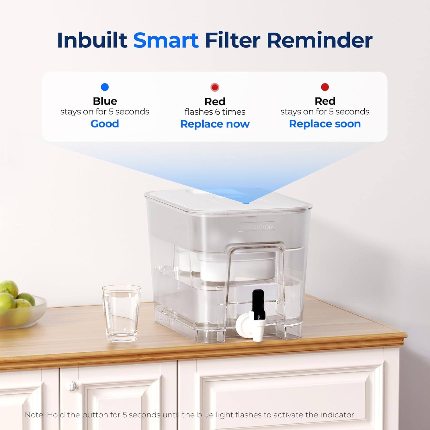 Inbuilt Smart Filter Reminder

- Blue: stays on for 5 seconds - Good
- Red: flashes 6 times - Replace now
- Red: stays on for 5 seconds - Replace soon

Note: Hold the button for 5 seconds until the blue light flashes to activate the indicator.