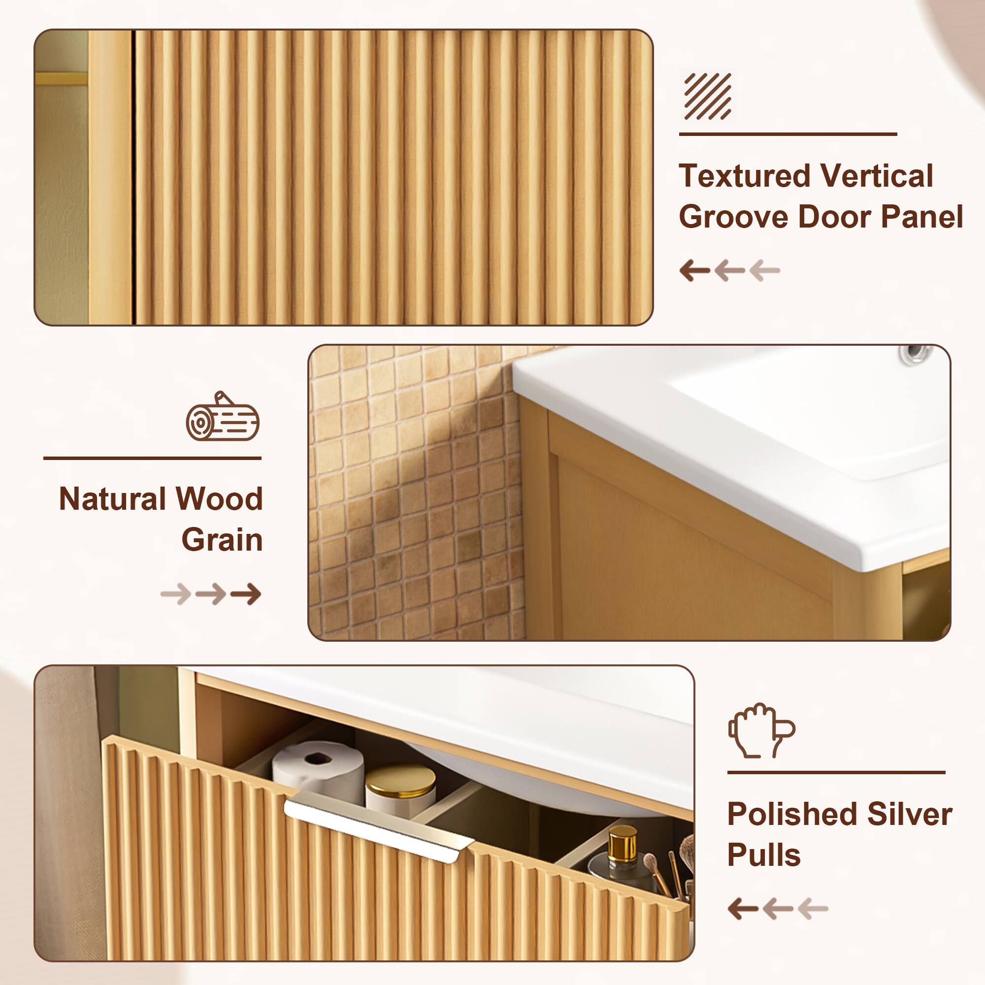 Textured Vertical Groove Door Panel  
Natural Wood Grain  
Polished Silver Pulls
