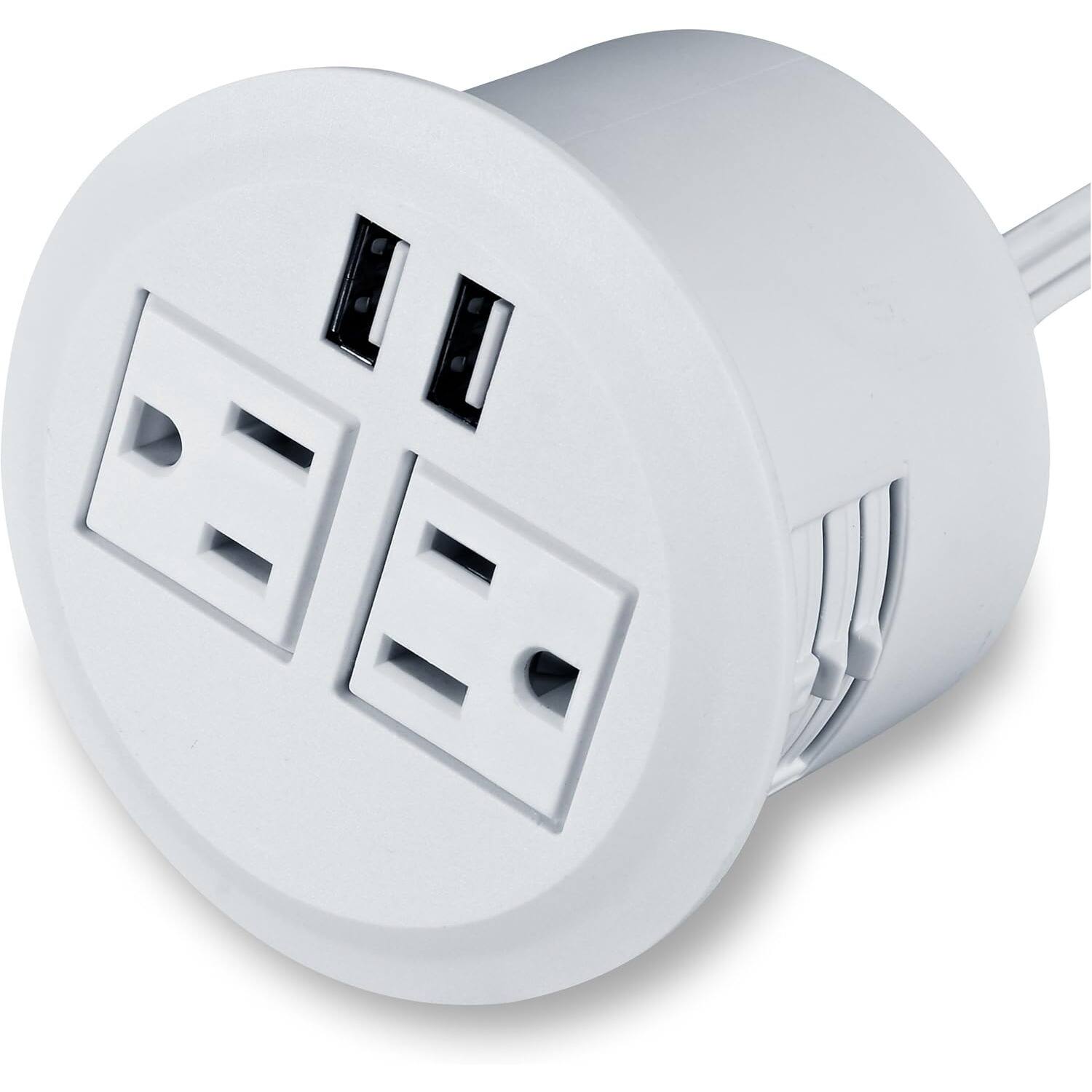 Left. PARKER SLATER - Desktop Power Grommet with 2 Outlets, 2 USB Ports, 10FT Extension Cord, Recessed Desk Socket – White - White.