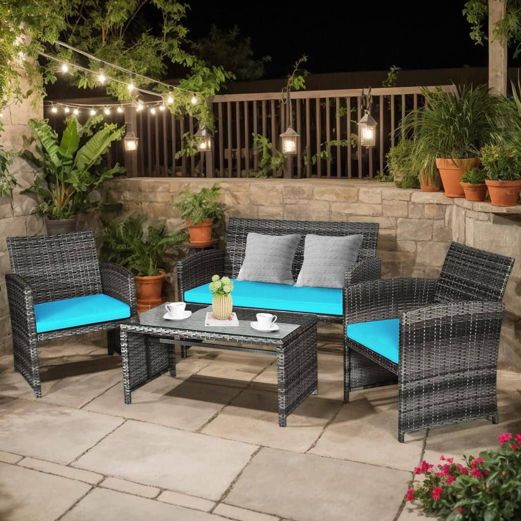 Kadyn - 4 Pieces Patio Rattan Furniture Set, Outdoor Patio Furniture Set with Cushions-Turquoise - Blue