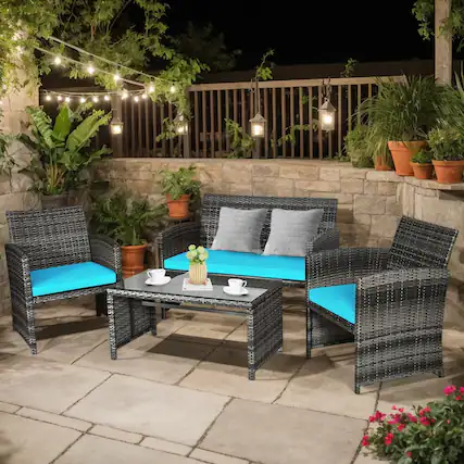 Front. Kadyn - 4 Pieces Patio Rattan Furniture Set, Outdoor Patio Furniture Set with Cushions-Turquoise - Blue.