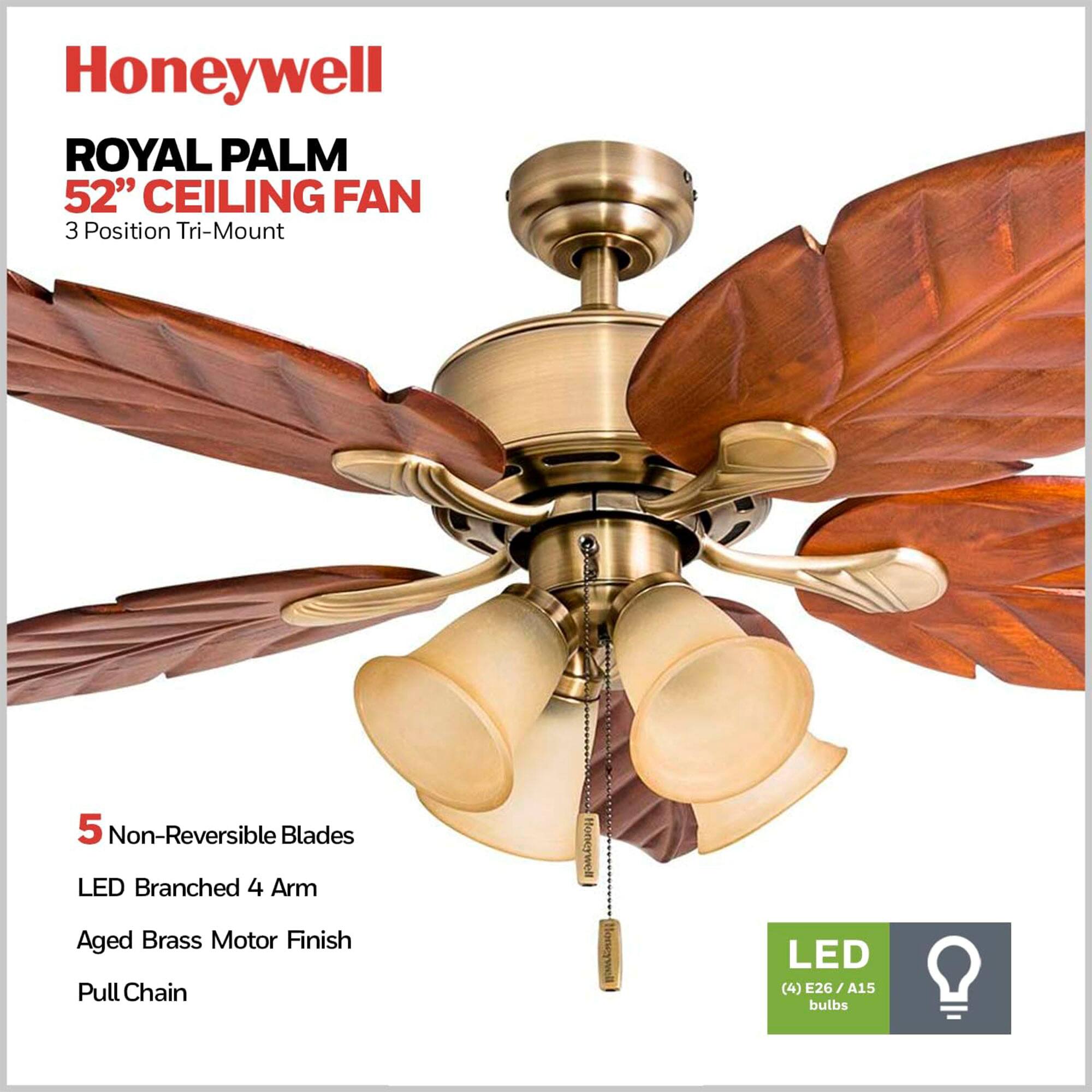 Honeywell ROYAL PALM 52" CEILING FAN 3 Position Tri-Mount 5 Non-Reversible Blades LED Branched 4 Arm Honeywell Aged Brass Motor Finish Pull Chain LED (4) E26/A15 bulbs