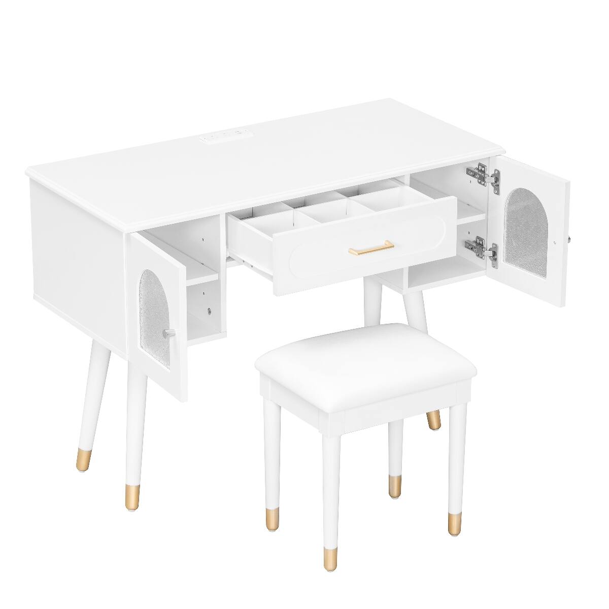 Alt View 2. Loheer - Loheer White Makeup Vanity Table with Stool and Charging Station - White.