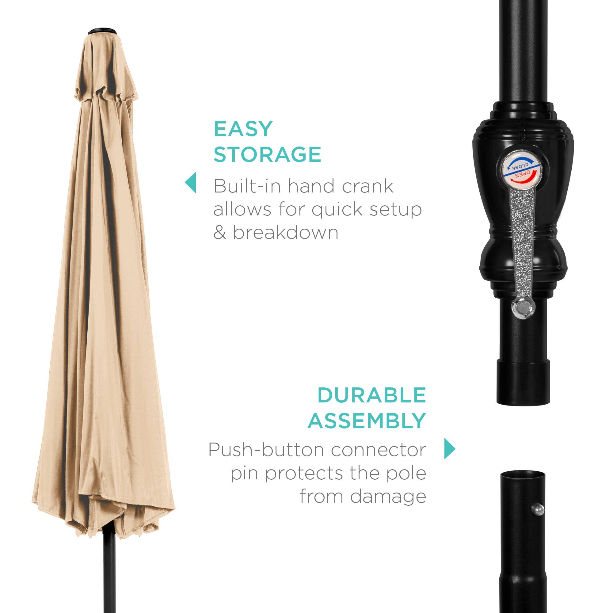 EASY STORAGE  
Built-in hand crank allows for quick setup & breakdown  

DURABLE ASSEMBLY  
Push-button connector pin protects the pole from damage