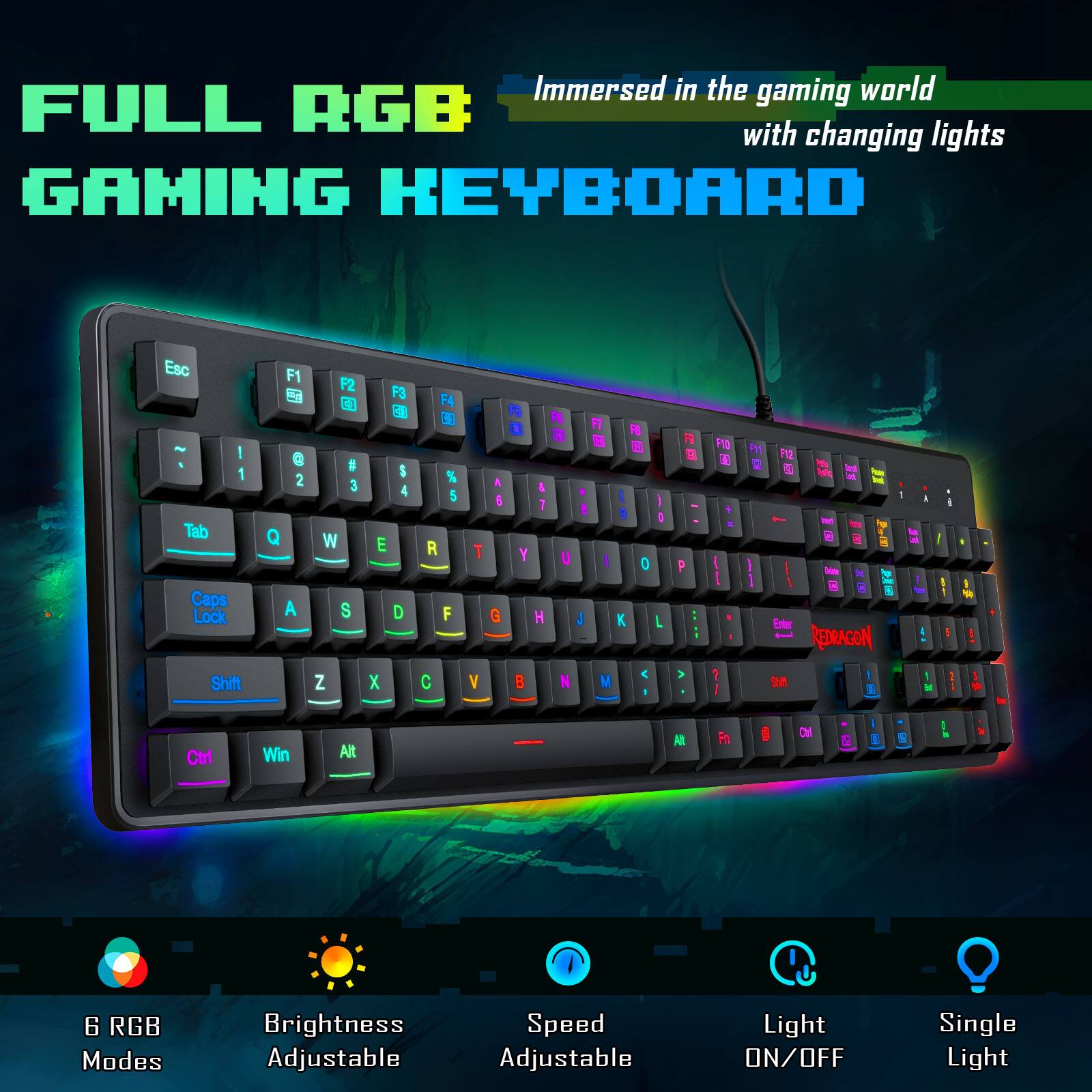 Immersed in the gaming world, the FULL RGB GAMING KEYBOARD features changing lights and is designed for gaming enthusiasts. The keyboard has a brightness adjustable feature and a speed adjustable feature, allowing users to customize their gaming experience. The keyboard also includes a single light on/off feature, providing users with the option to turn off the lights for a more focused gaming session. The FULL RGB GAMING KEYBOARD is compatible with Windows and Mac operating systems and is equipped with a 6-key rollover, ensuring accurate key registration. The keyboard also features a detachable wrist rest for added comfort during extended gaming sessions.