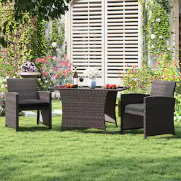 Costway - 3 PCS Wicker Bistro Set Balcony Furniture Set with Tempered Glass Dining Table - Mix Brown+Black