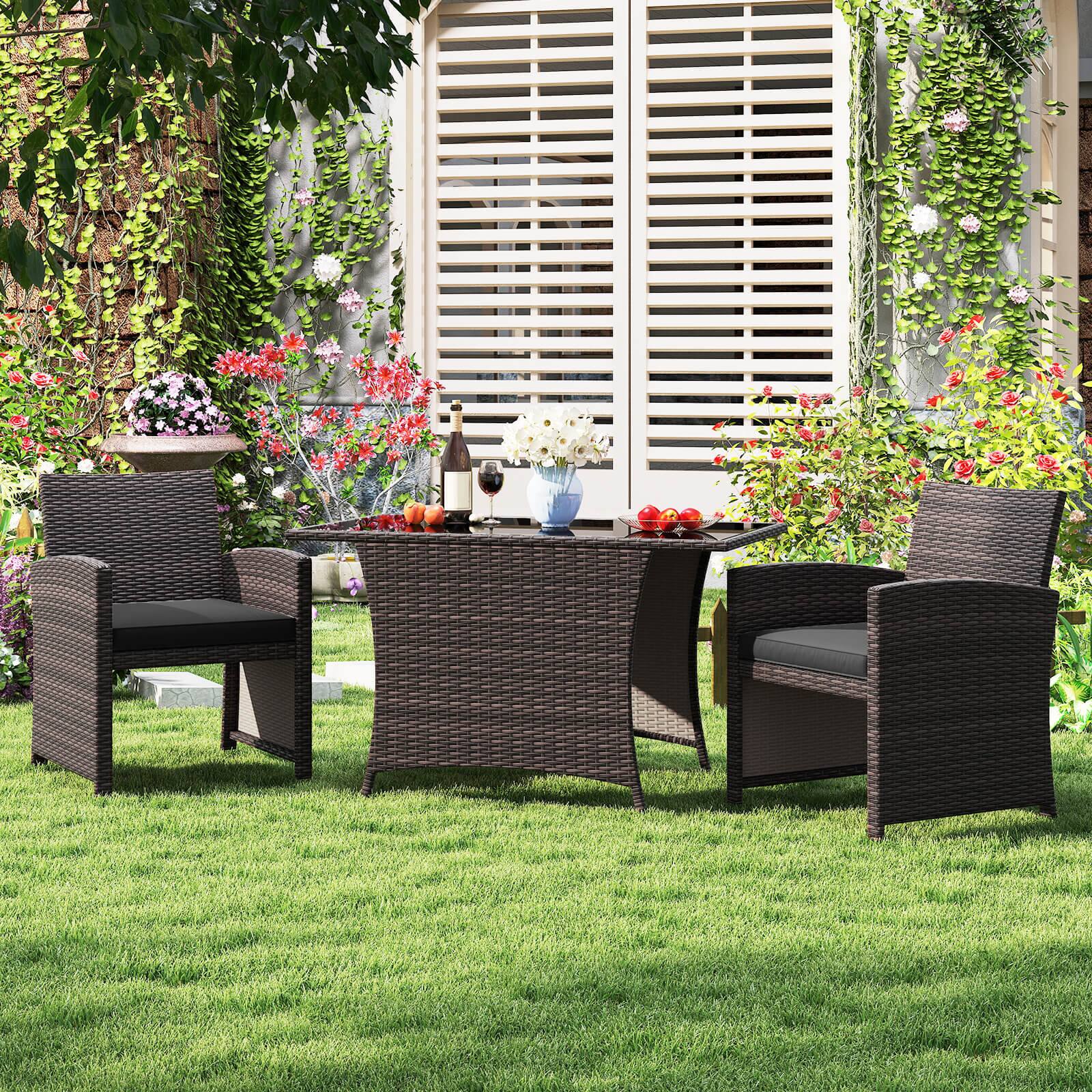 Alt View 1. Costway - Costway 3 PCS Wicker Bistro Set Balcony Furniture Set with Tempered Glass Dining Table - Black.