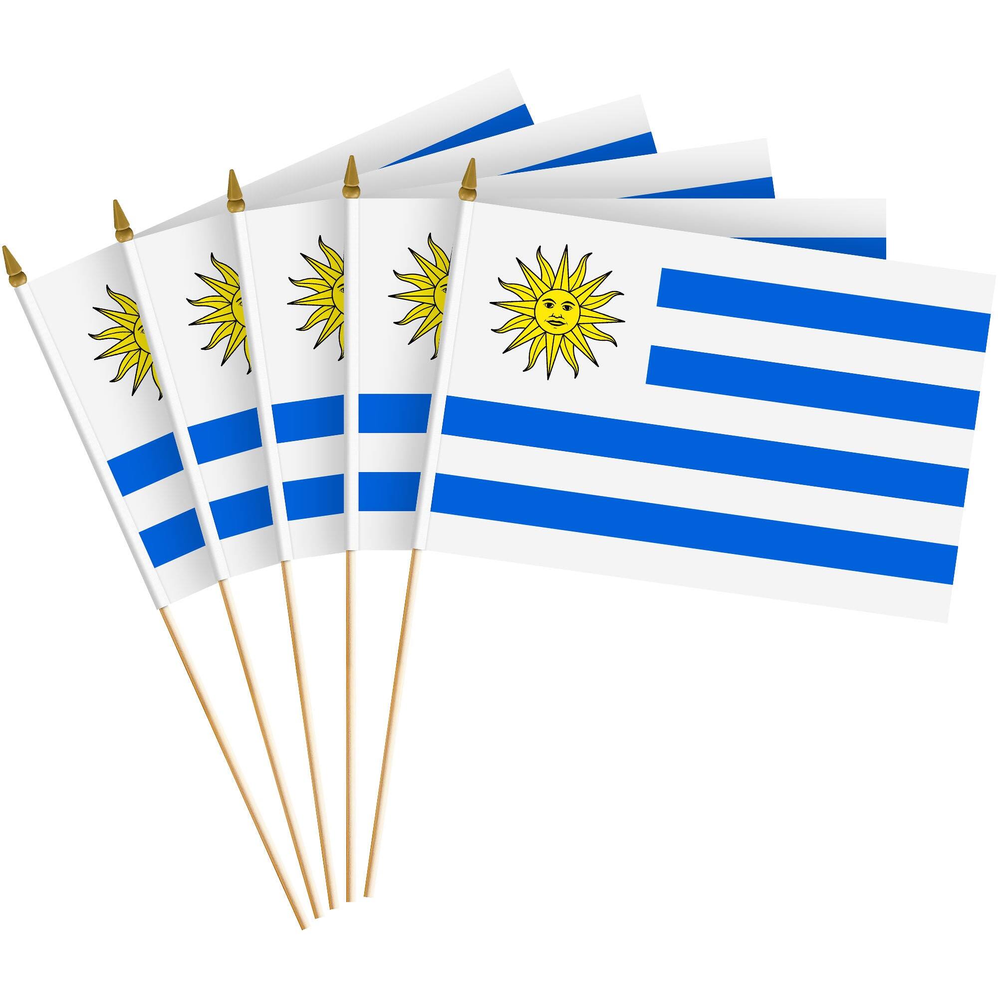 Front. G128 - 30 Pack Handheld Uruguay Stick Flags 8" x 12" 150D Polyester Wooden Stick Gold Spear Tip - Assorted Colors.