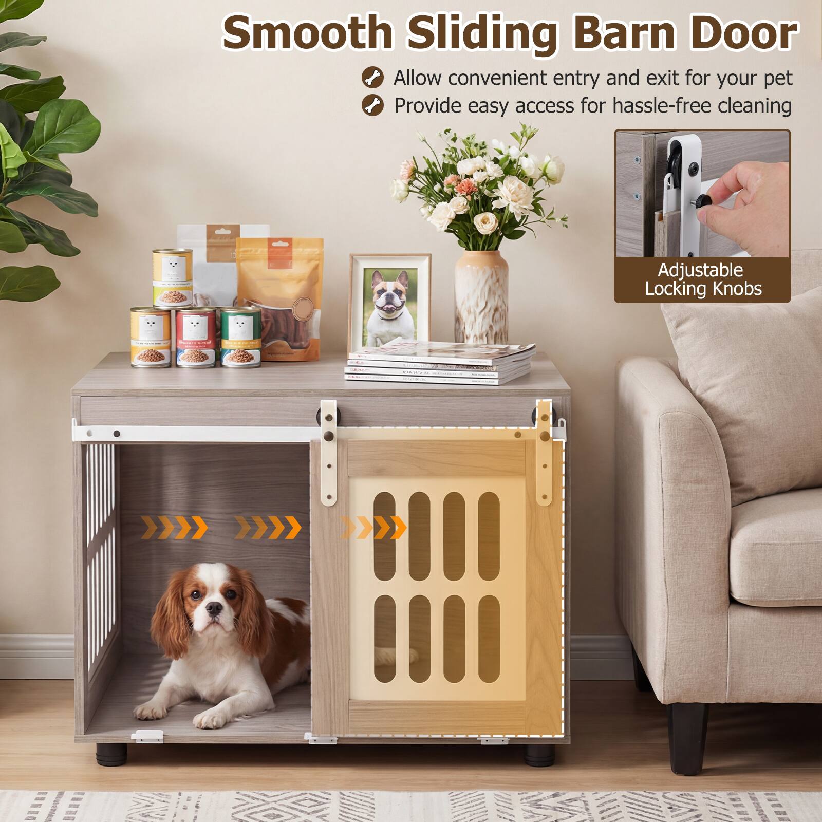Smooth Sliding Barn Door  
- Allow convenient entry and exit for your pet  
- Provide easy access for hassle-free cleaning  
- Adjustable Locking Knobs