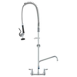 Wall-Mounted Kitchen Faucet, 47" Tall, 8" Apart, with 12" Rotating Spout and Pre-Rinse Spray, Brass Build