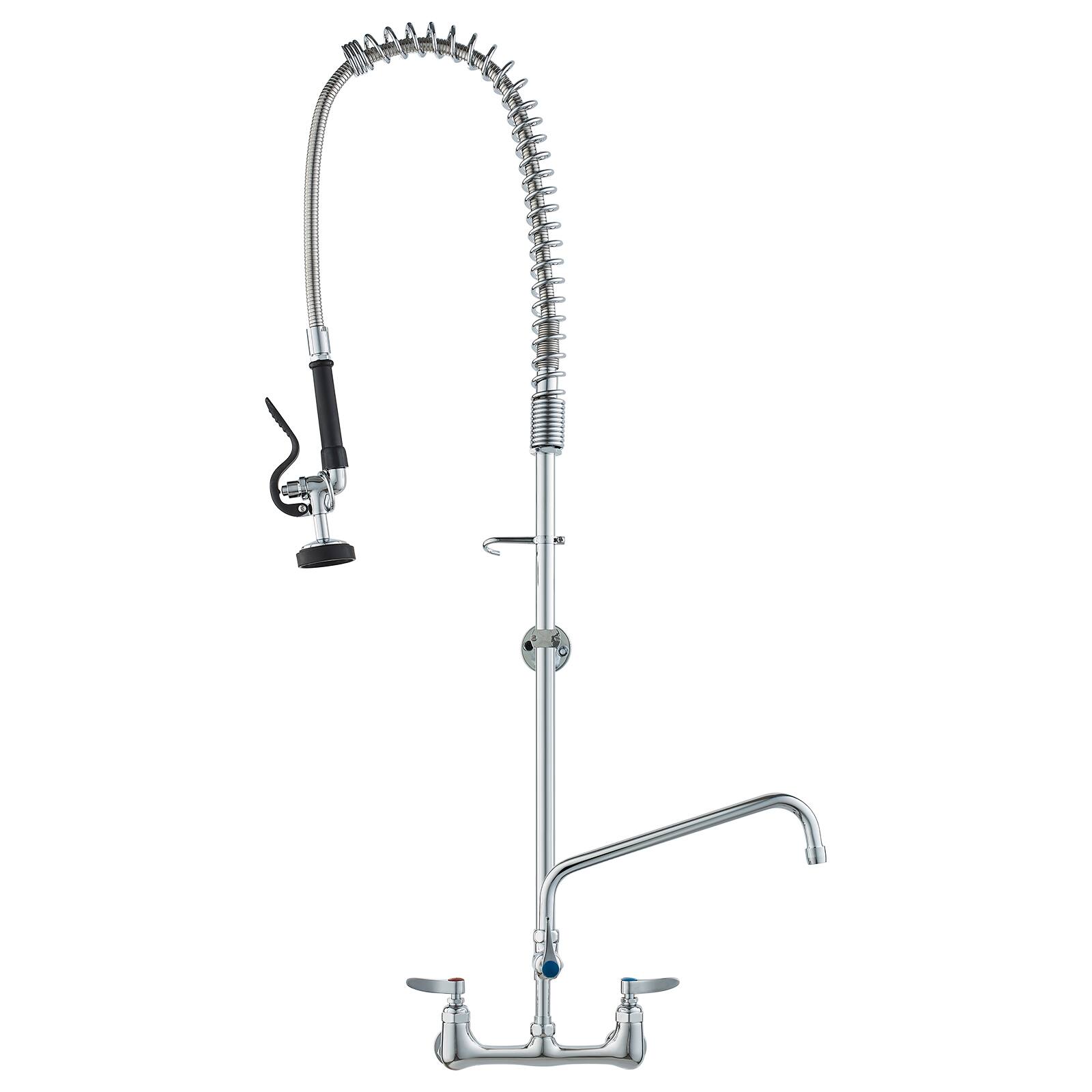 Front. VEVOR - Wall-Mounted Kitchen Faucet, 47" Tall, 8" Apart, with 12" Rotating Spout and Pre-Rinse Spray, Brass Build - Silver.