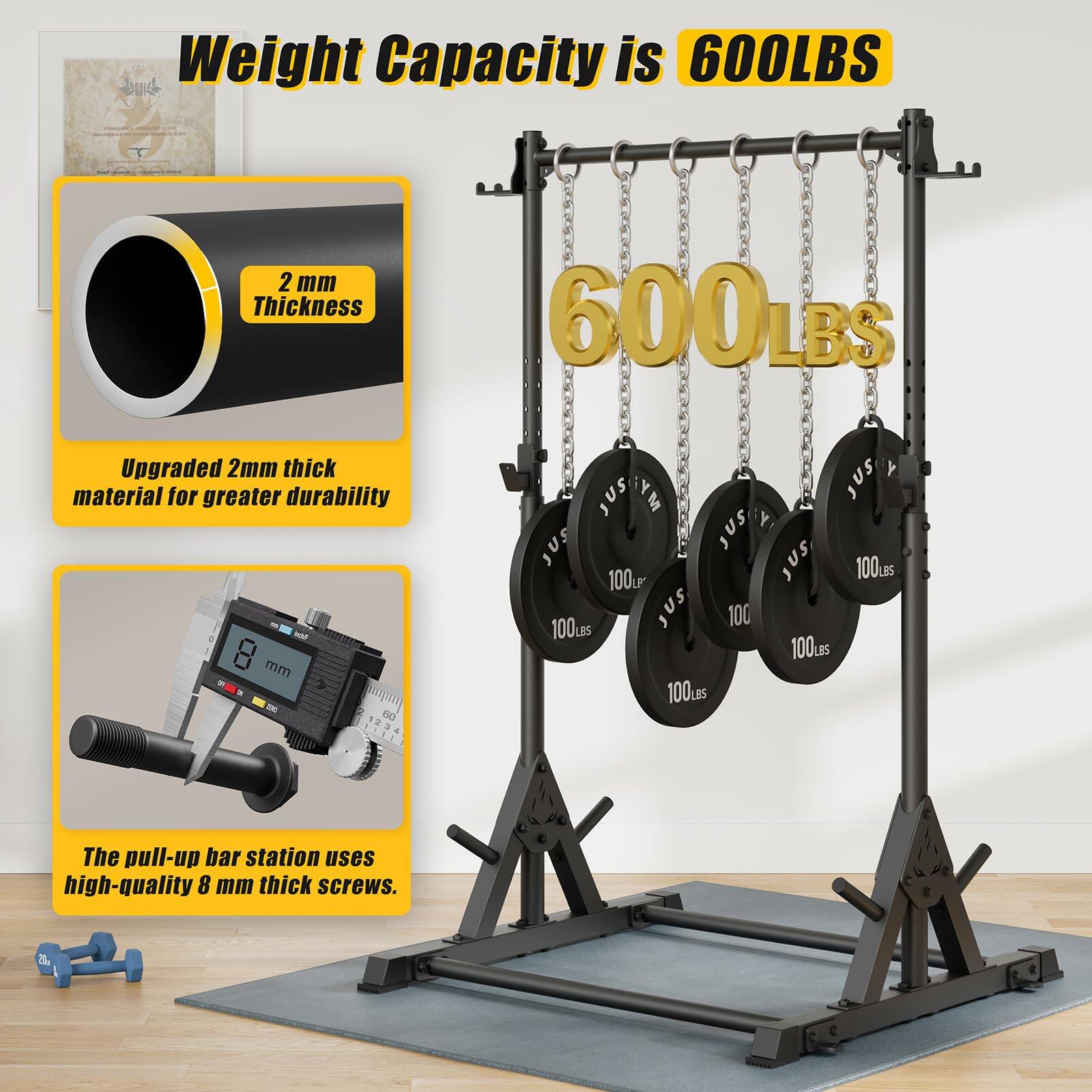 Weight Capacity is 600LBS

2 mm Thickness

Upgraded 2mm thick material for greater durability

The pull-up bar station uses high-quality 8 mm thick screws.